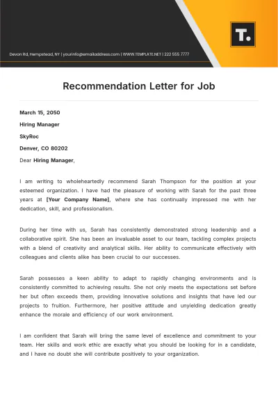 Free Recommendation Letter for Job Template to Edit Online