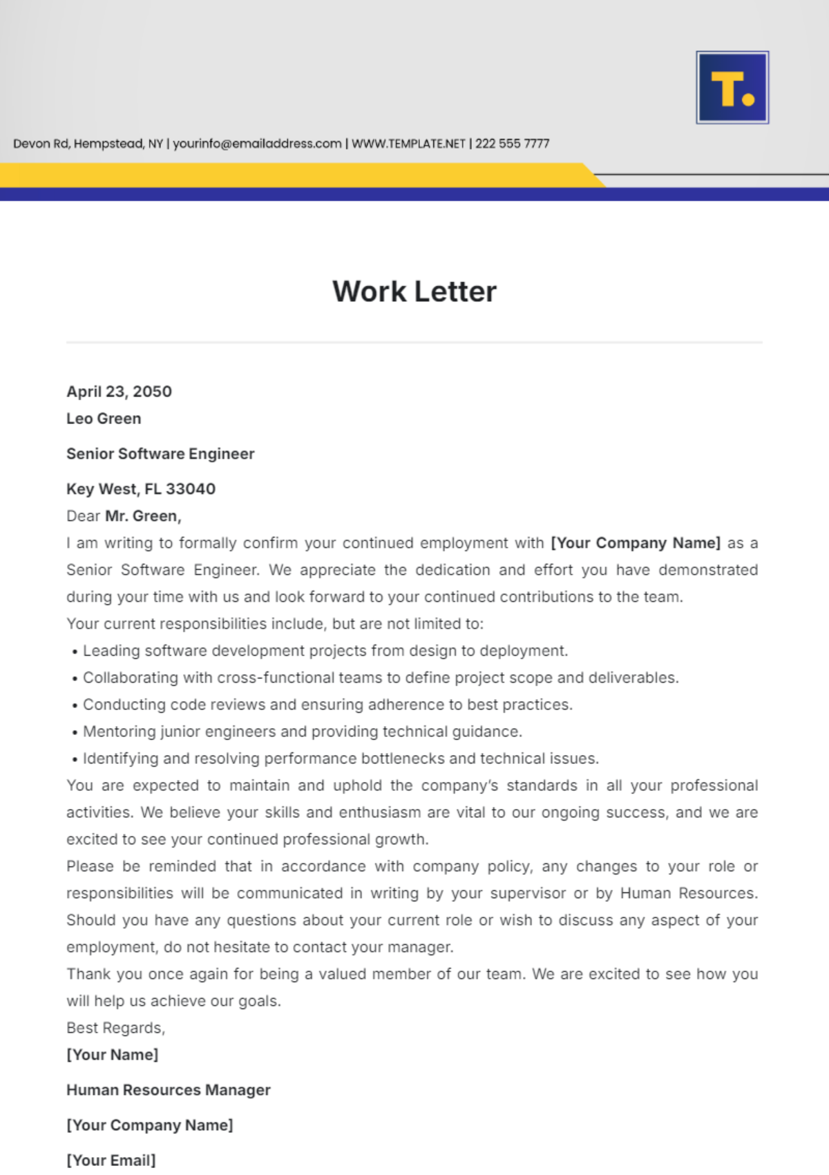 Free Job Duties Letter Template to Edit Online