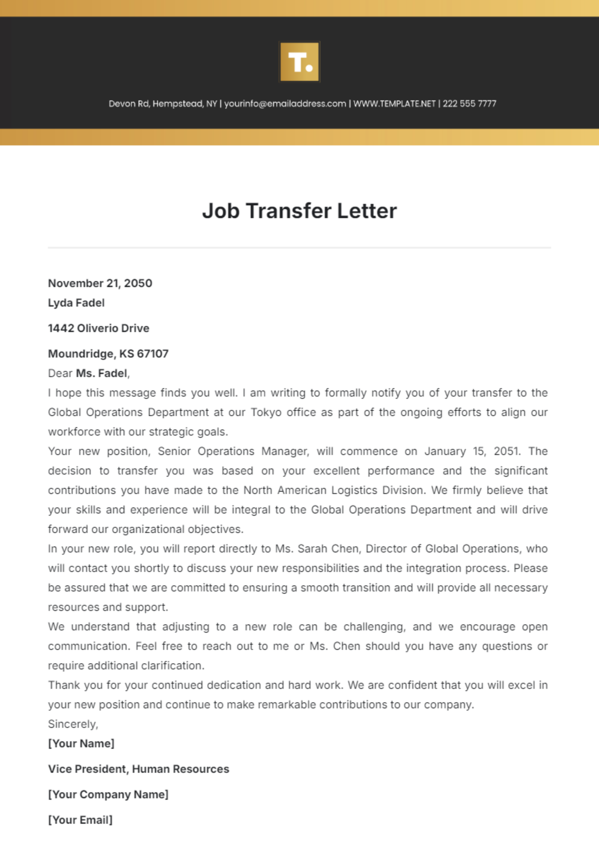 Job Transfer Letter Template - Edit Online & Download