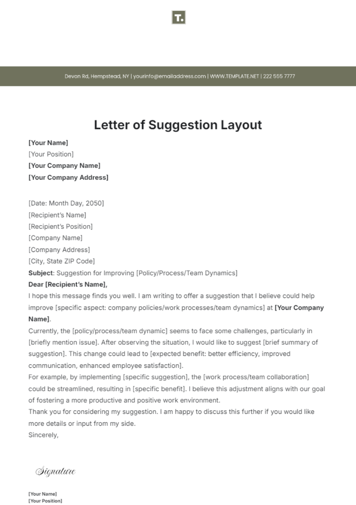 Free Letter of Suggestion Layout Template - Edit Online & Download ...