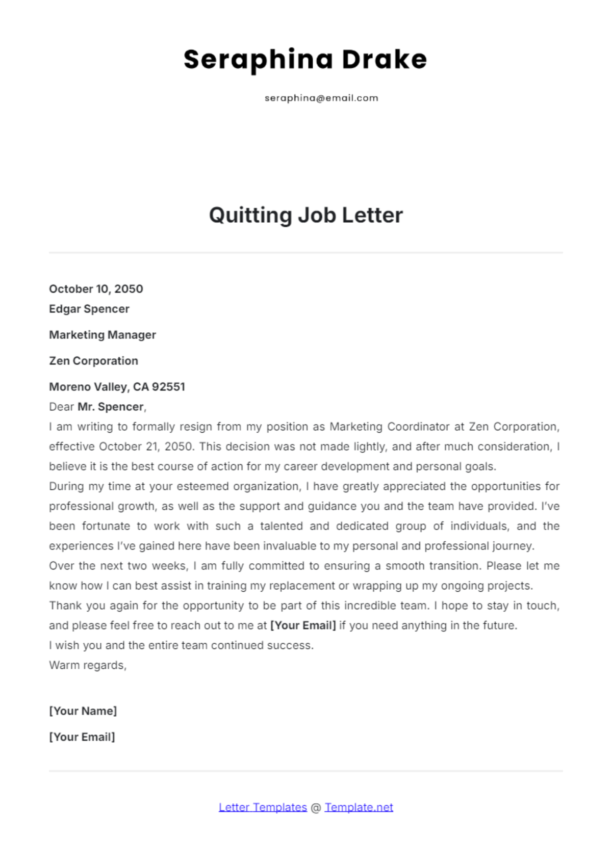 Quitting Job Letter Template - Edit Online & Download