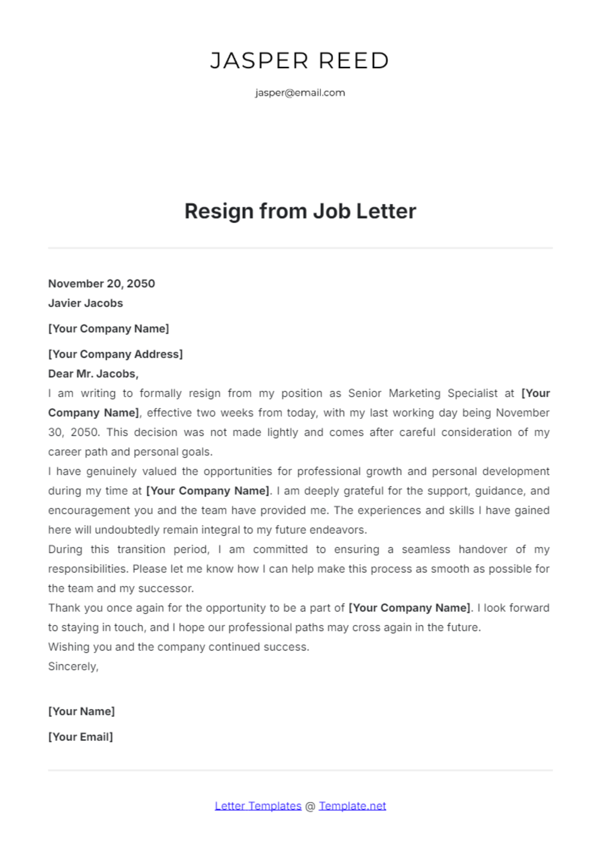 Resign from Job Letter Template - Edit Online & Download