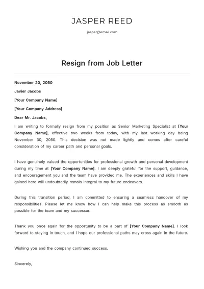 Free Resign from Job Letter Template to Edit Online