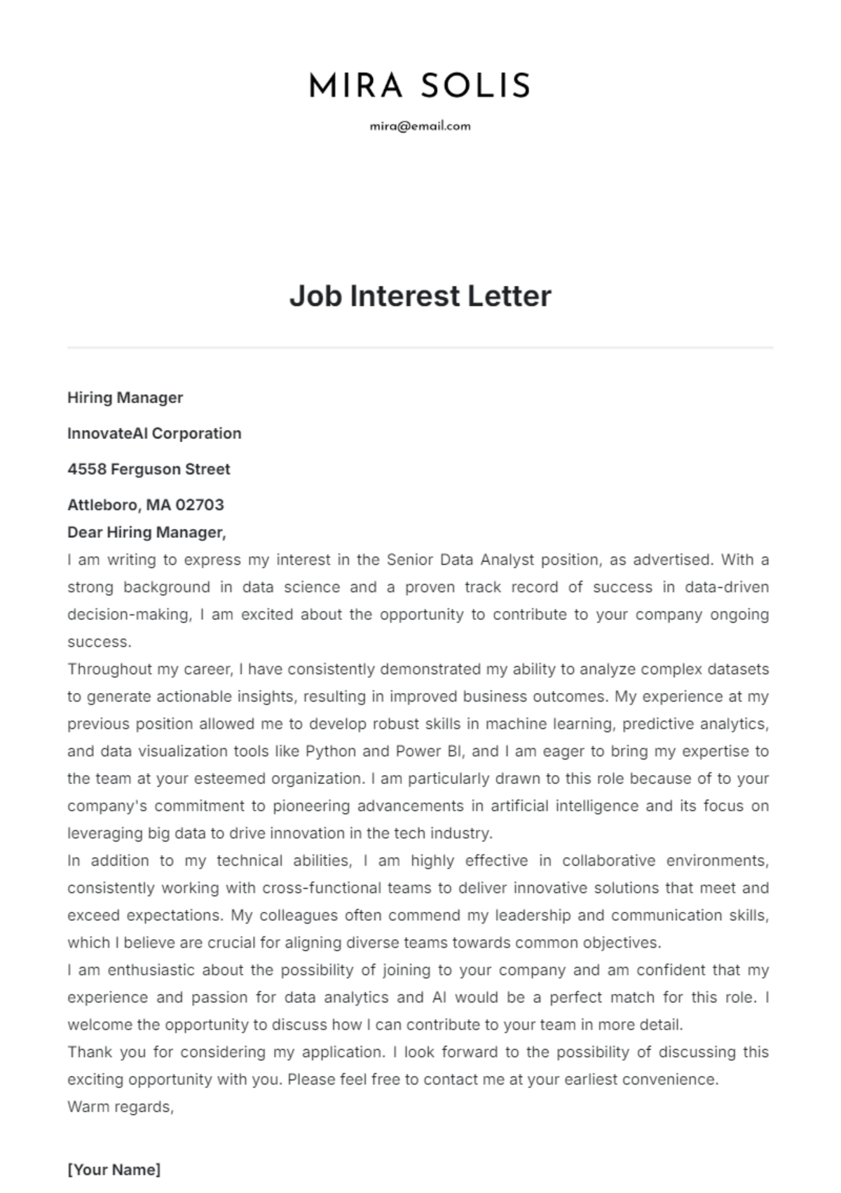 Job Interest Letter Template - Edit Online & Download