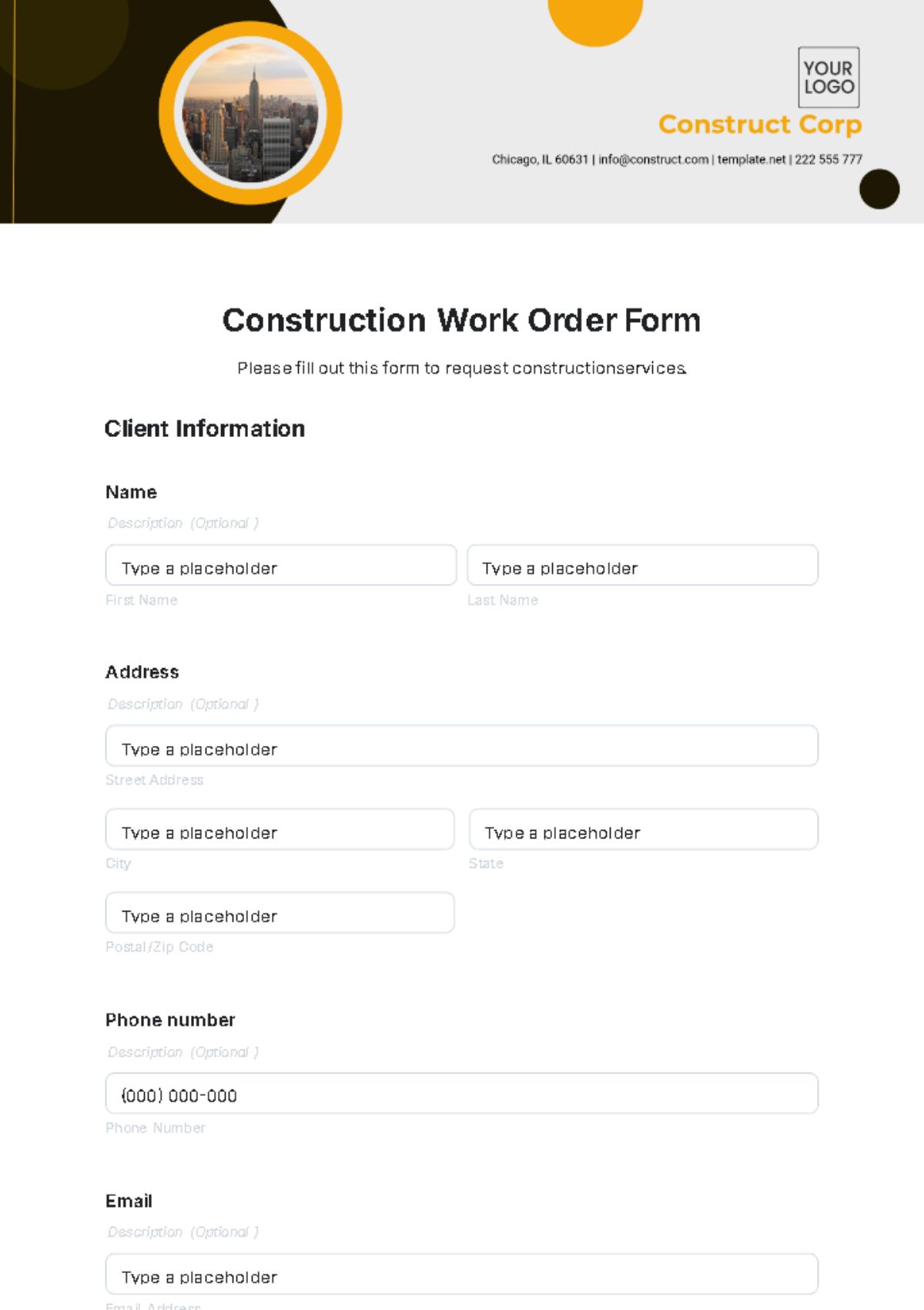 Construction Work Order Form Template - Edit Online & Download