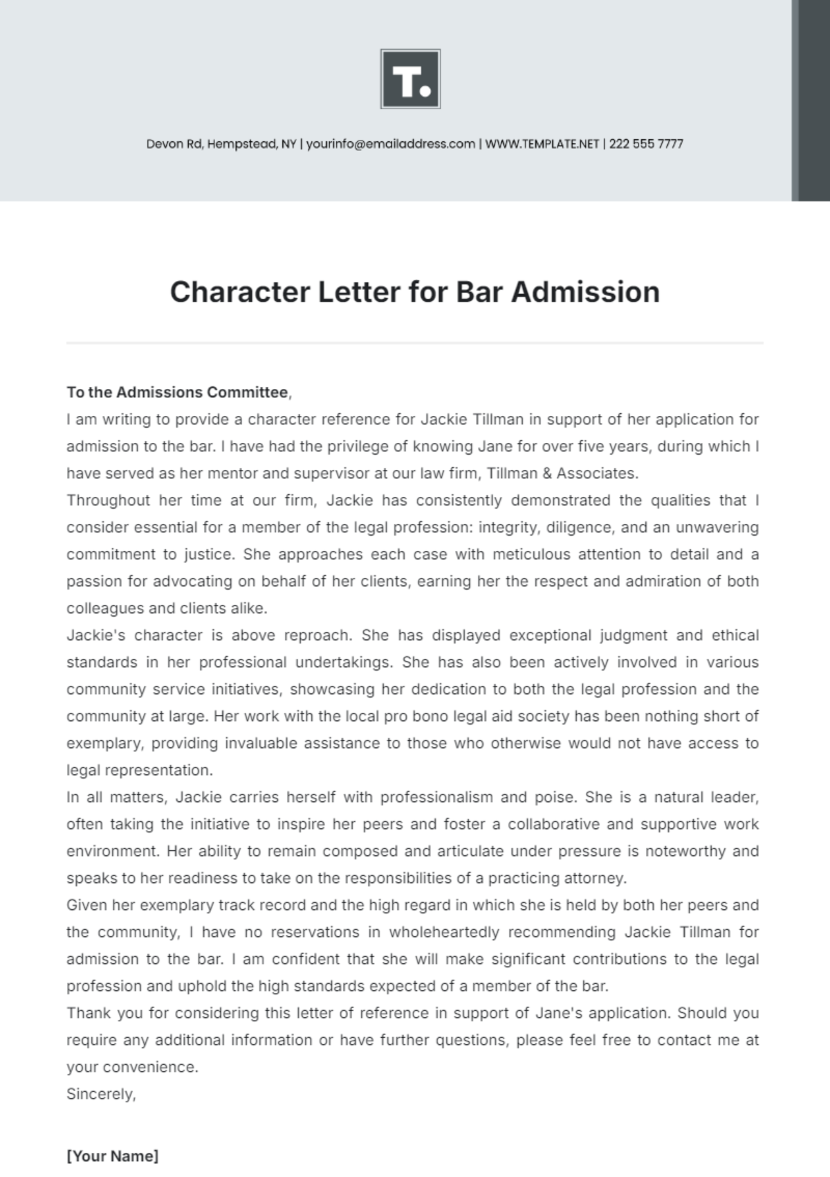 Character Letter for Bar Admission Template - Edit Online & Download