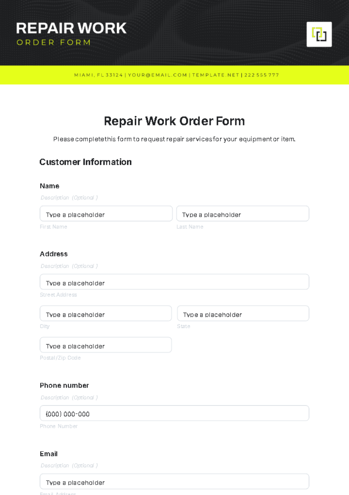 Free Repair Work Order Form Template