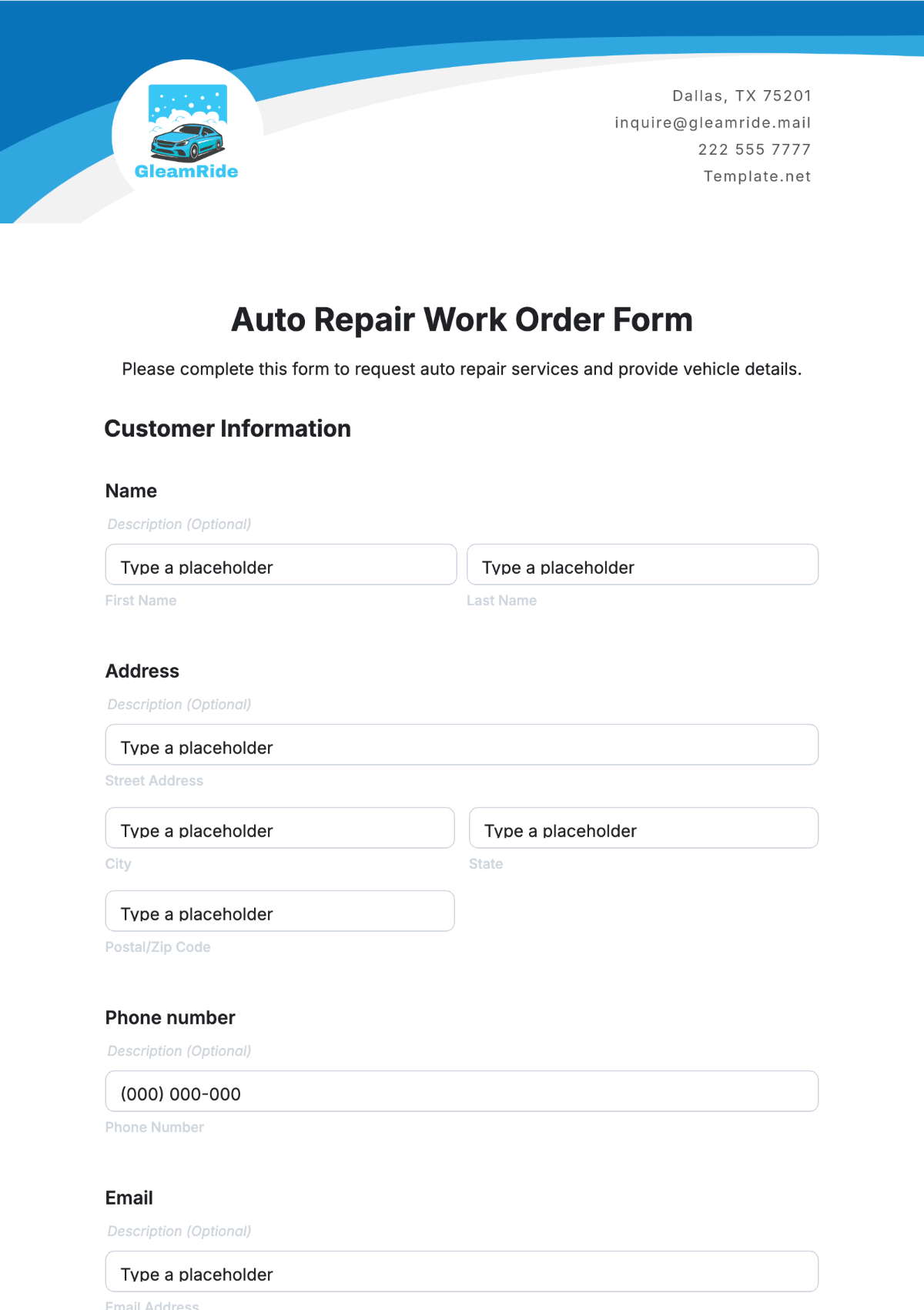 Free Auto Repair Work Order Form Template