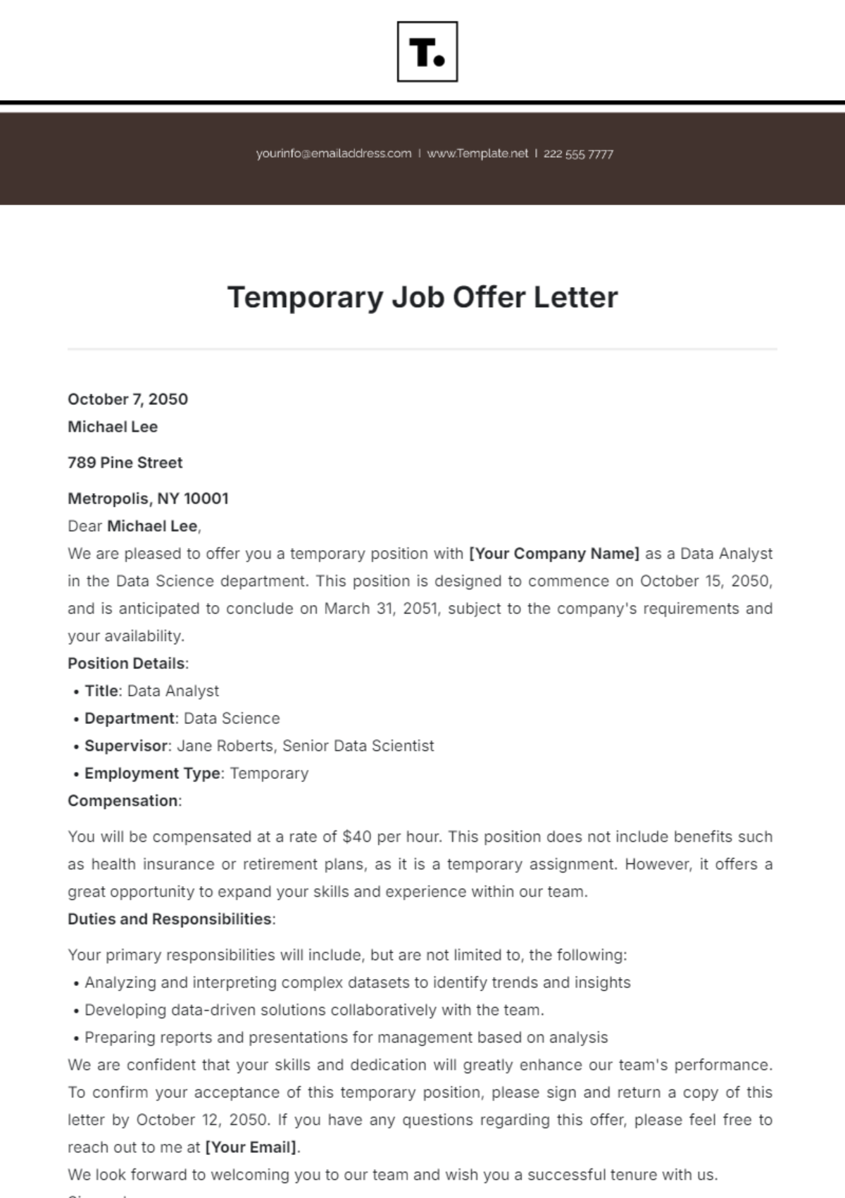 Temporary Job Offer Letter Template - Edit Online & Download