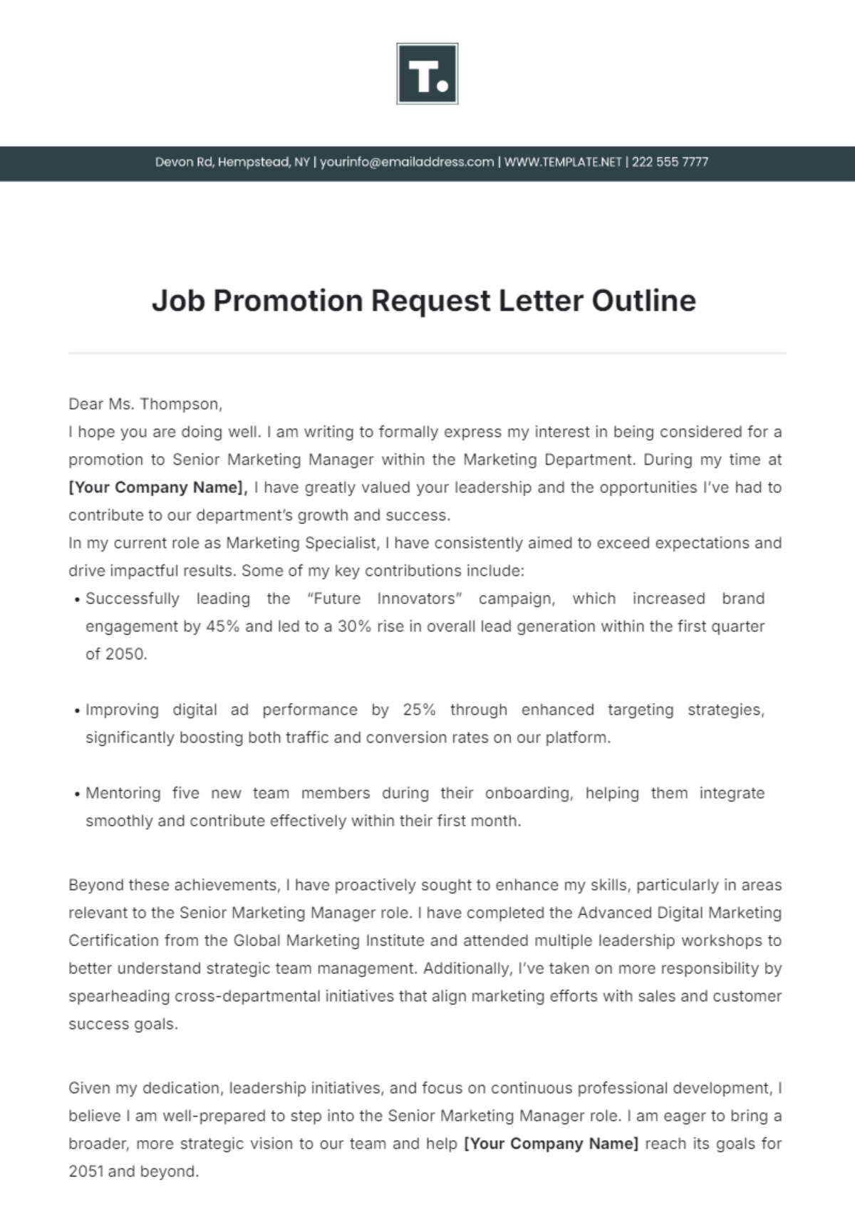 Job Promotion Request Letter Outline Template - Edit Online & Download