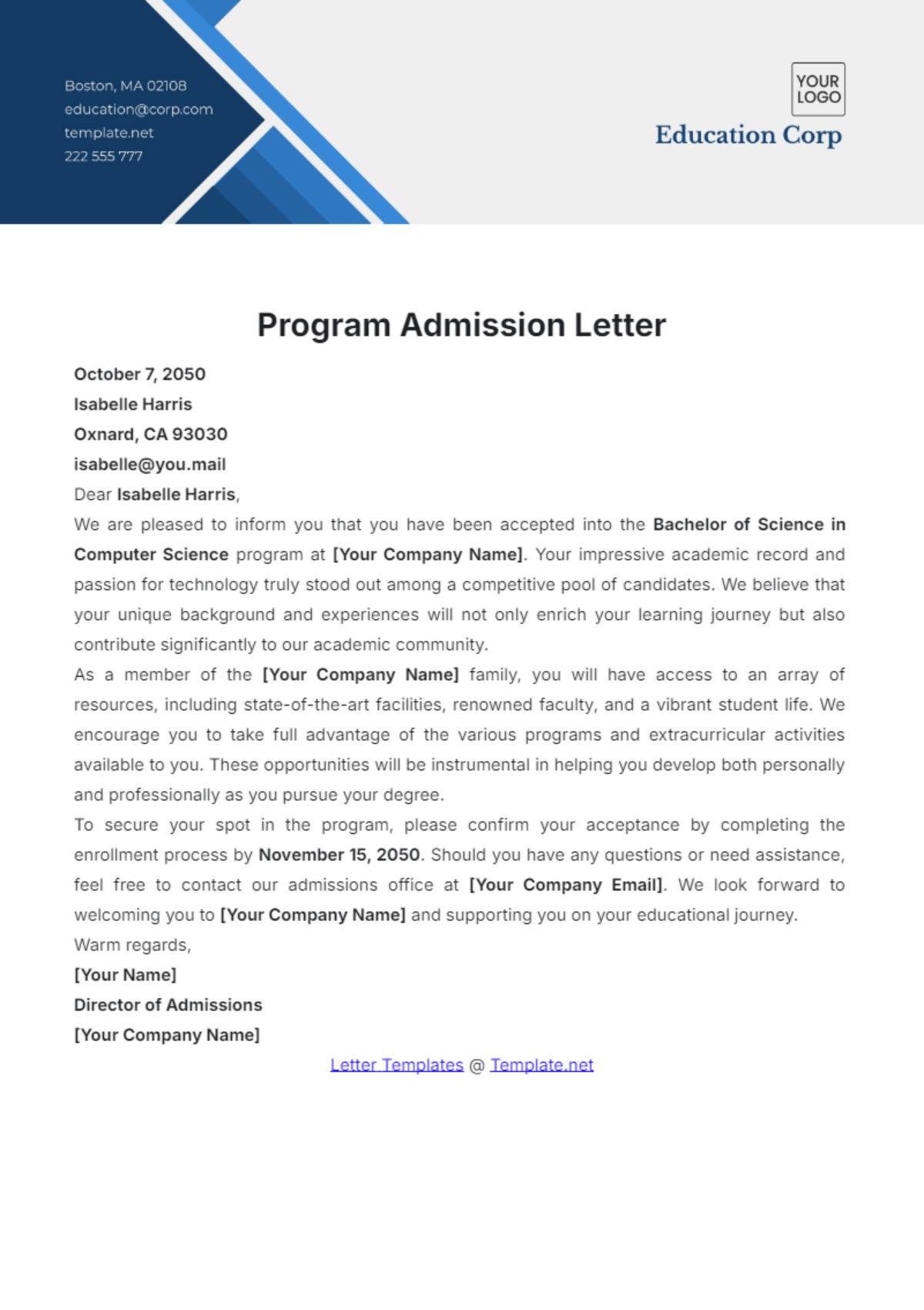 Program Admission Letter Template - Edit Online & Download