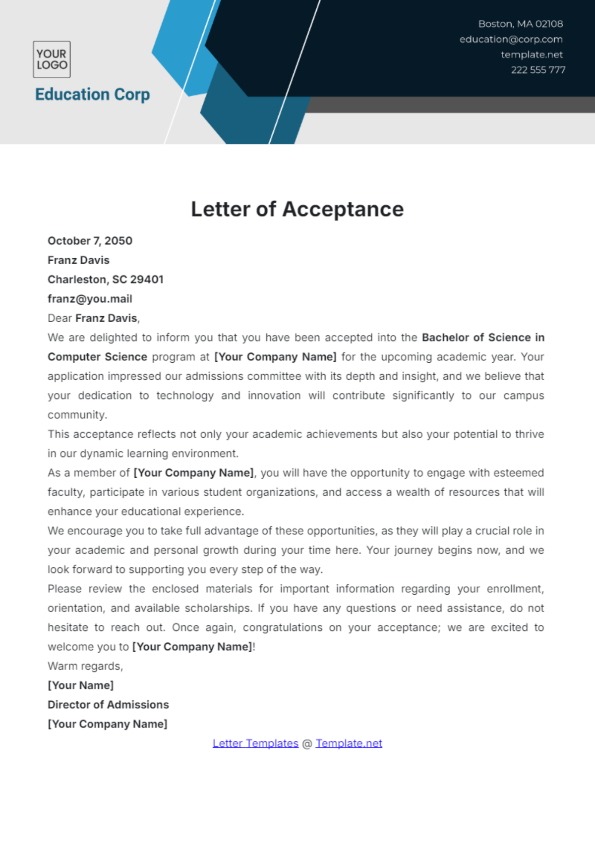 Letter of Acceptance Template - Edit Online & Download