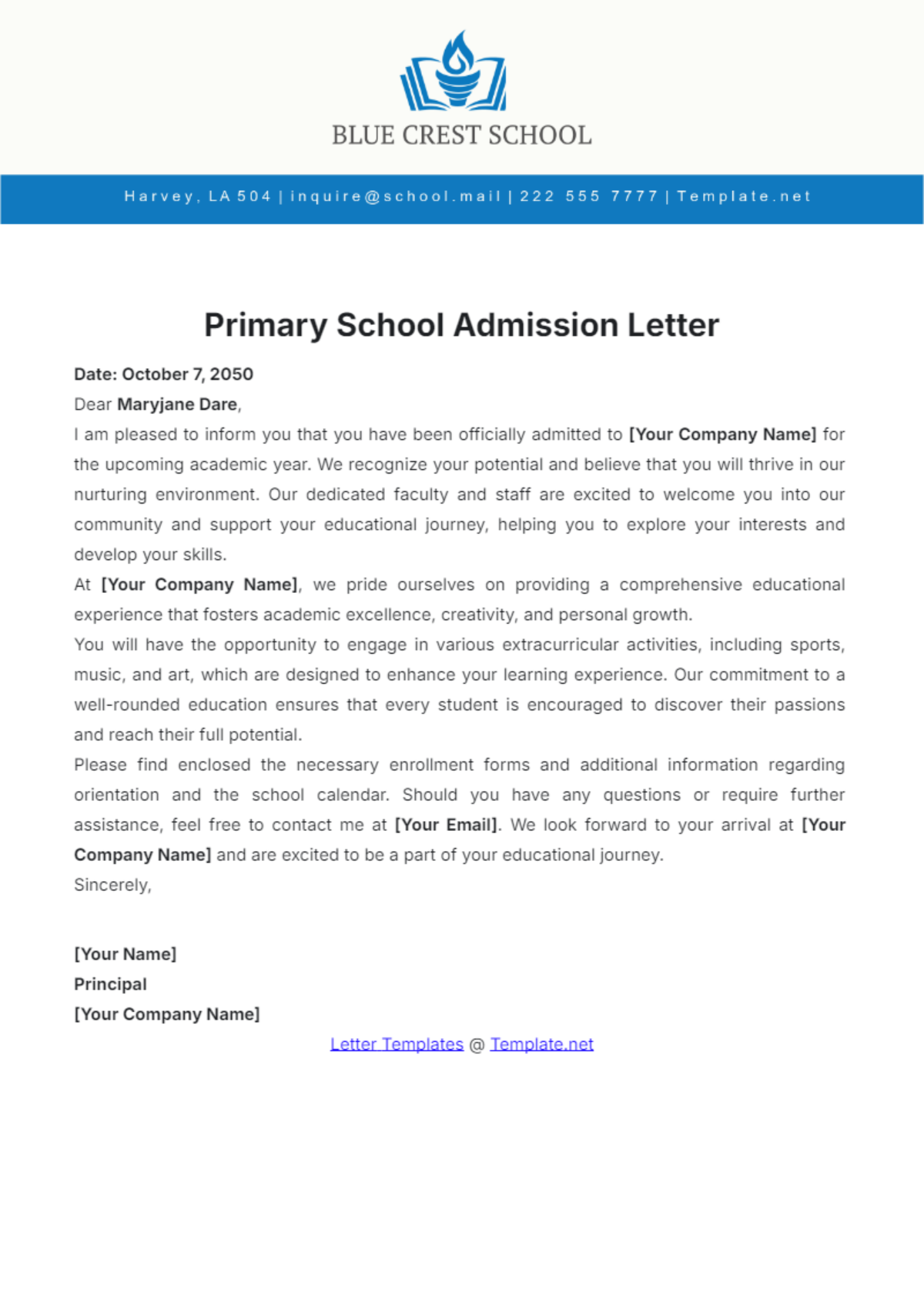 Primary School Admission Letter Template - Edit Online & Download