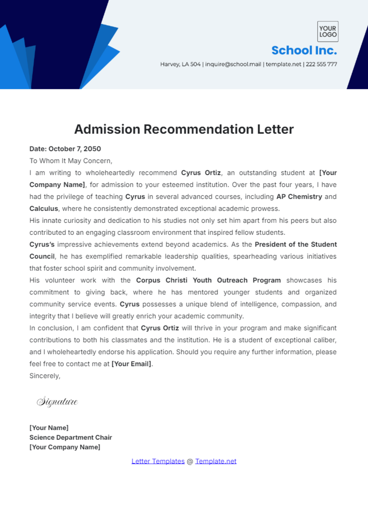 Admission Recommendation Letter Template - Edit Online & Download