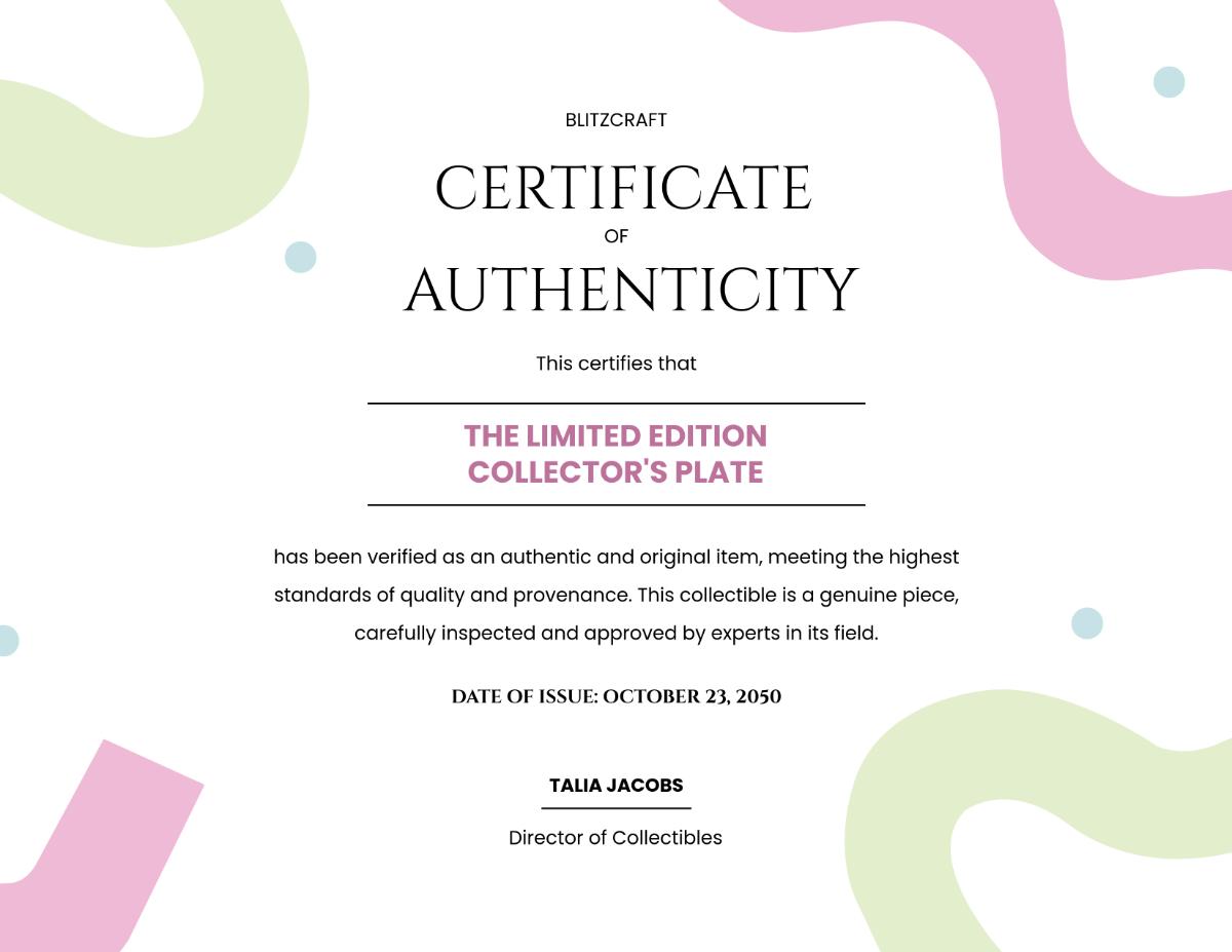 Colorful Authenticity Certificate for Collectibles Template - Edit Online & Download