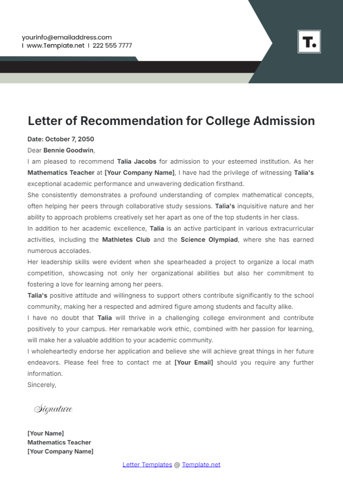 Letter of Recommendation for College Admission Template - Edit Online & Download