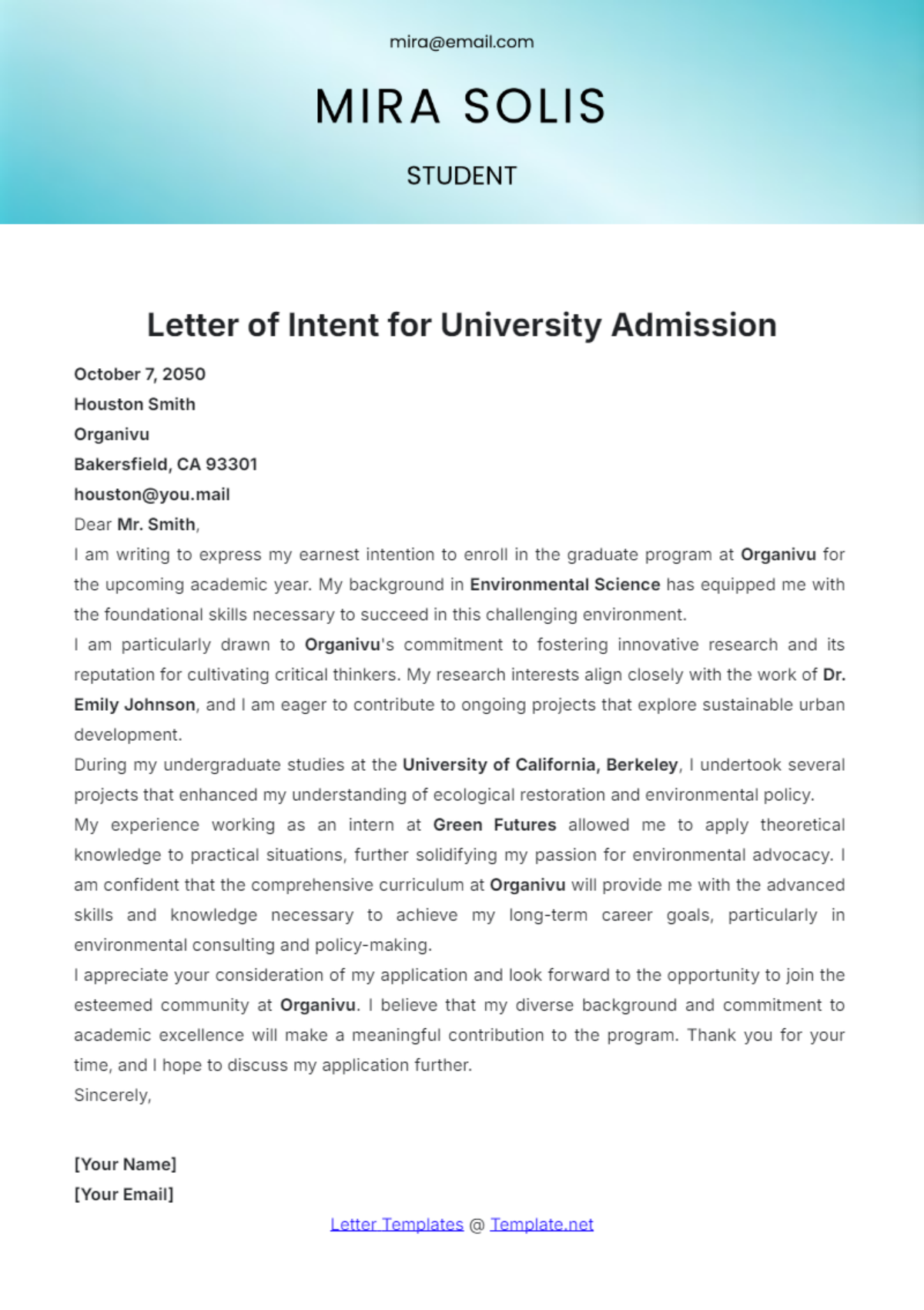 Letter of Intent for University Admission Template - Edit Online & Download