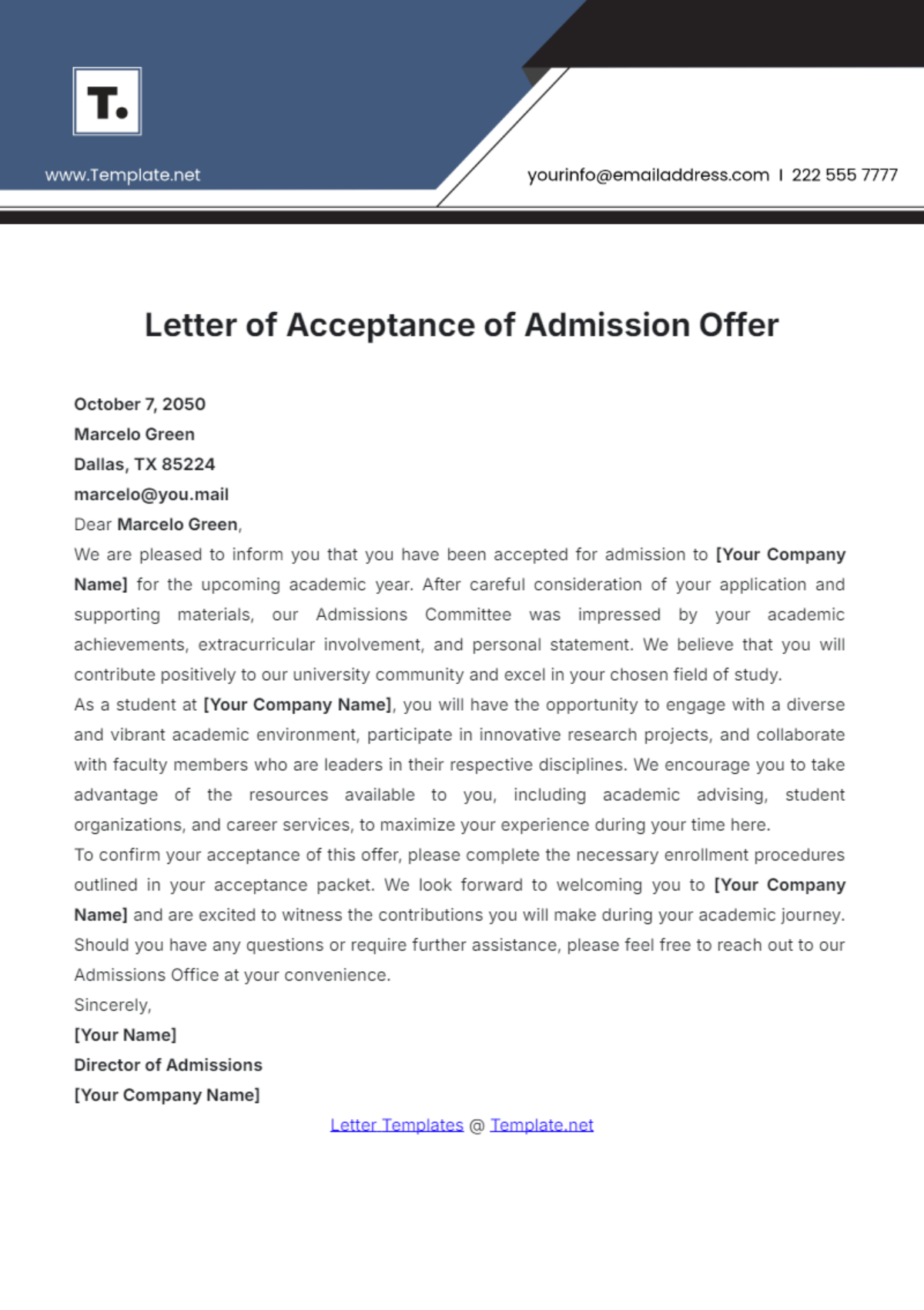 Letter of Acceptance of Admission Offer Template - Edit Online & Download