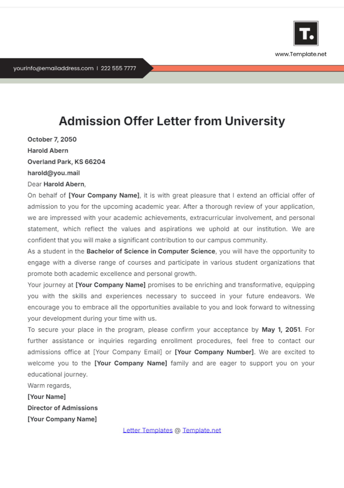 Admission Offer Letter from University Template - Edit Online & Download