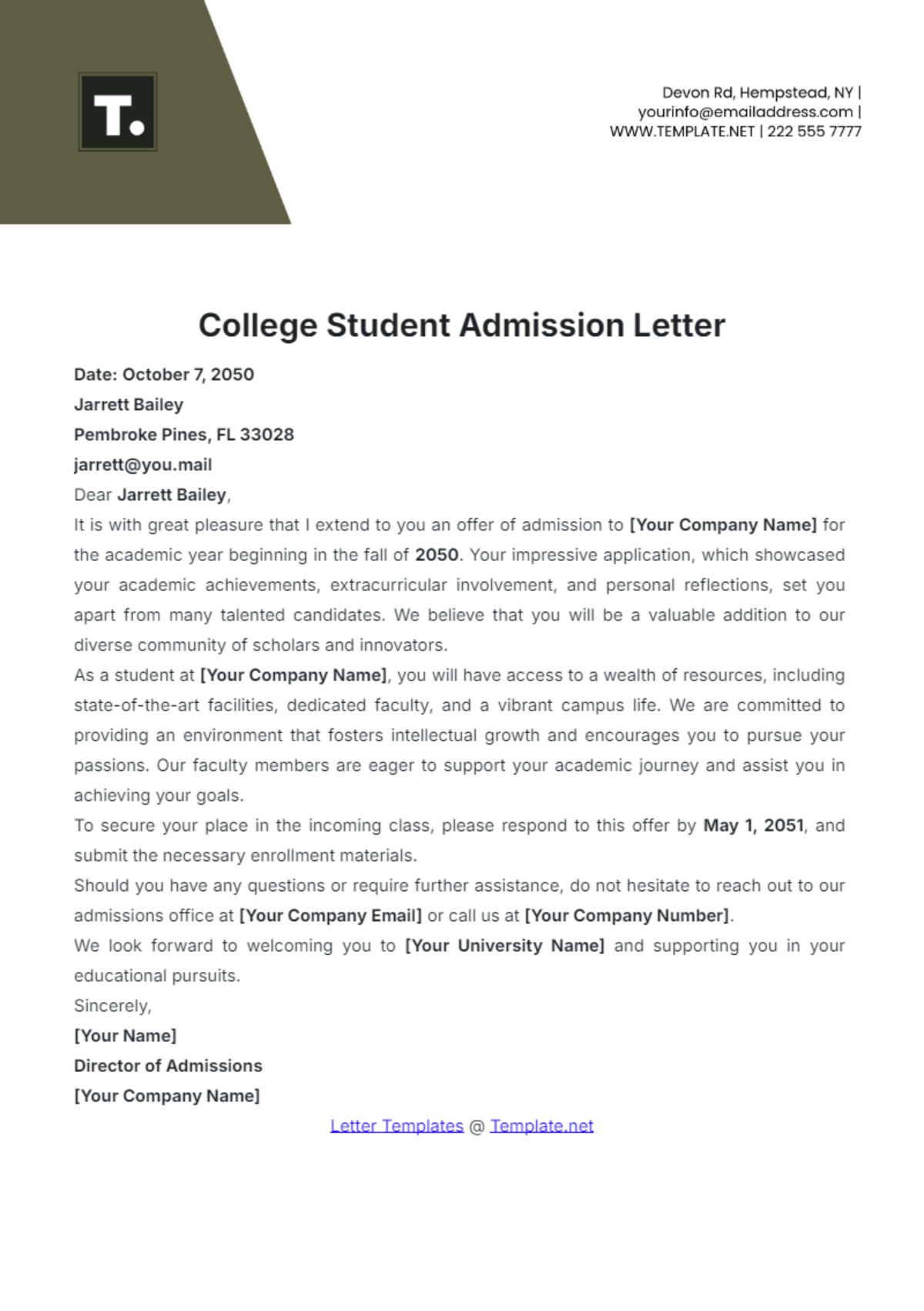 College Student Admission Letter Template - Edit Online & Download