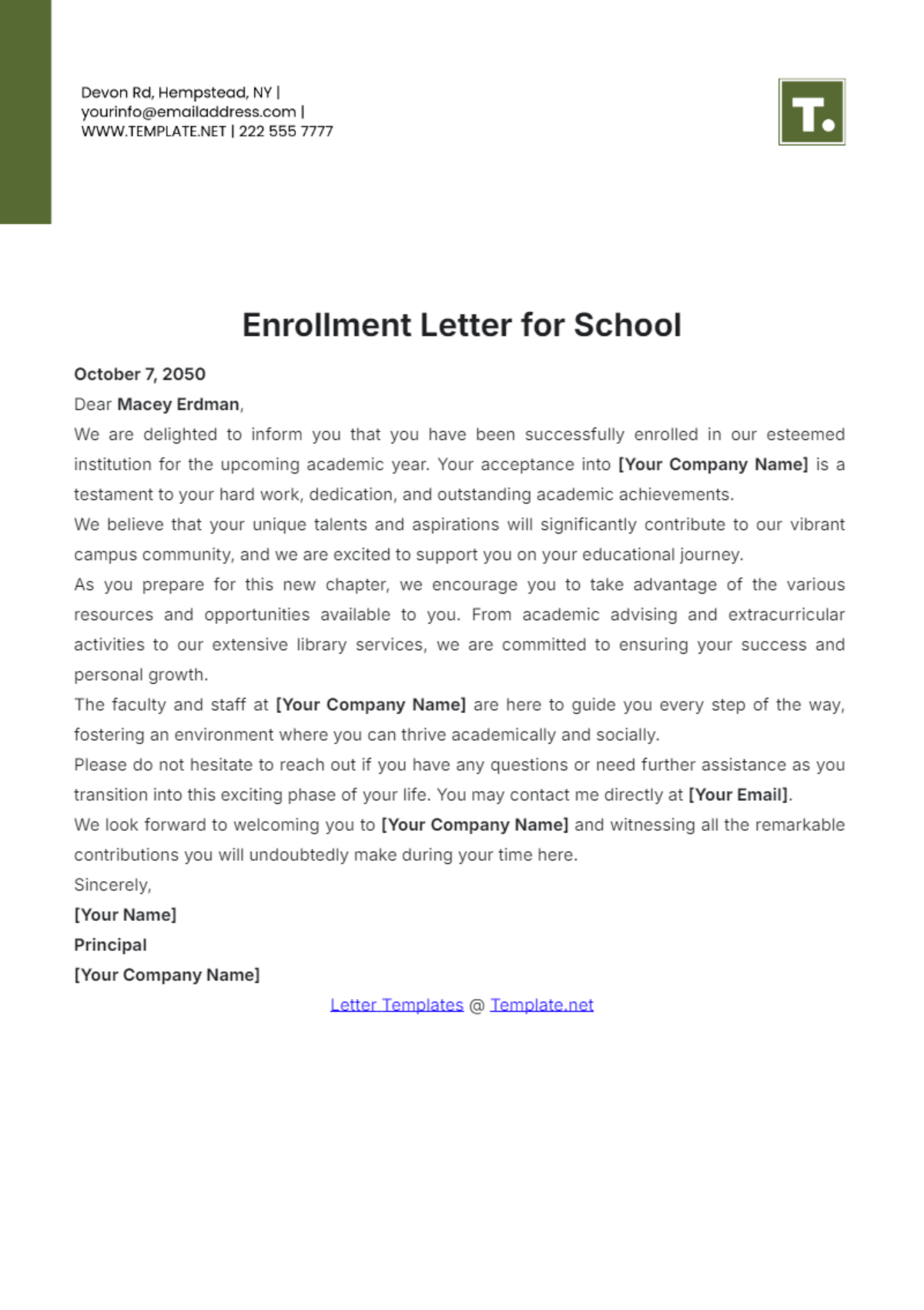 Enrollment Letter for School Template - Edit Online & Download