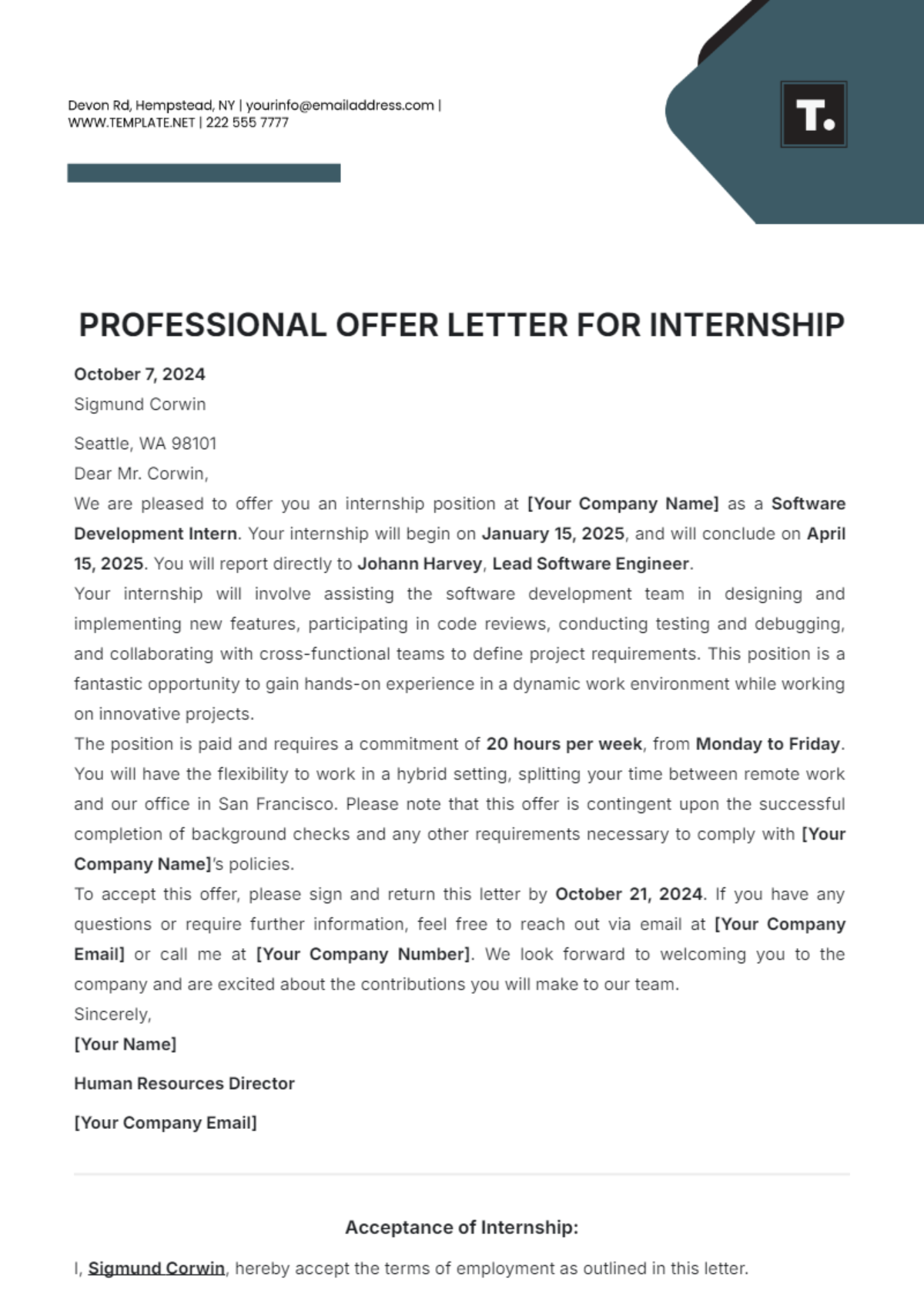 Professional Offer Letter for Internship Template - Edit Online & Download