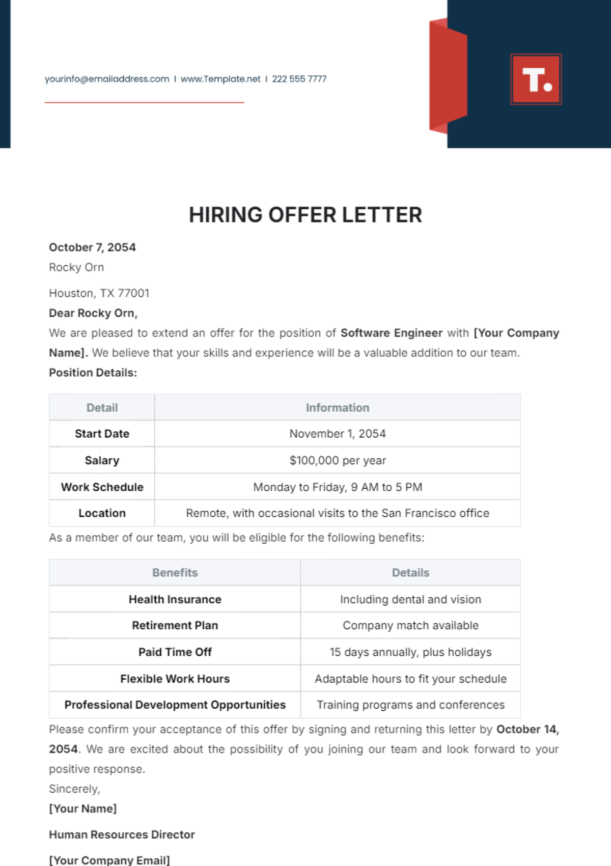 Hiring Offer Letter Template - Edit Online & Download