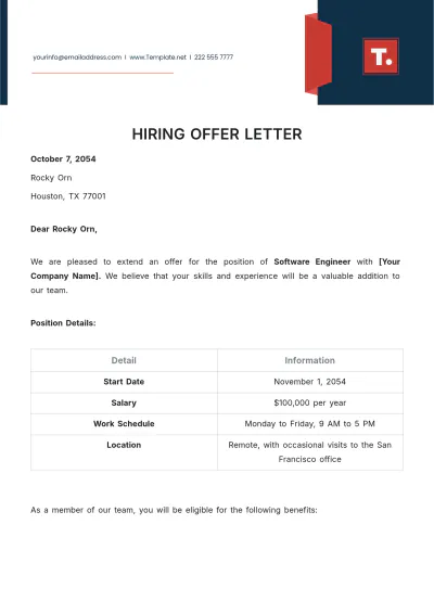 Free Hiring Offer Letter Template to Edit Online