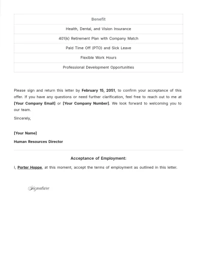 Free Aesthetic Position Offer Letter Template to Edit Online