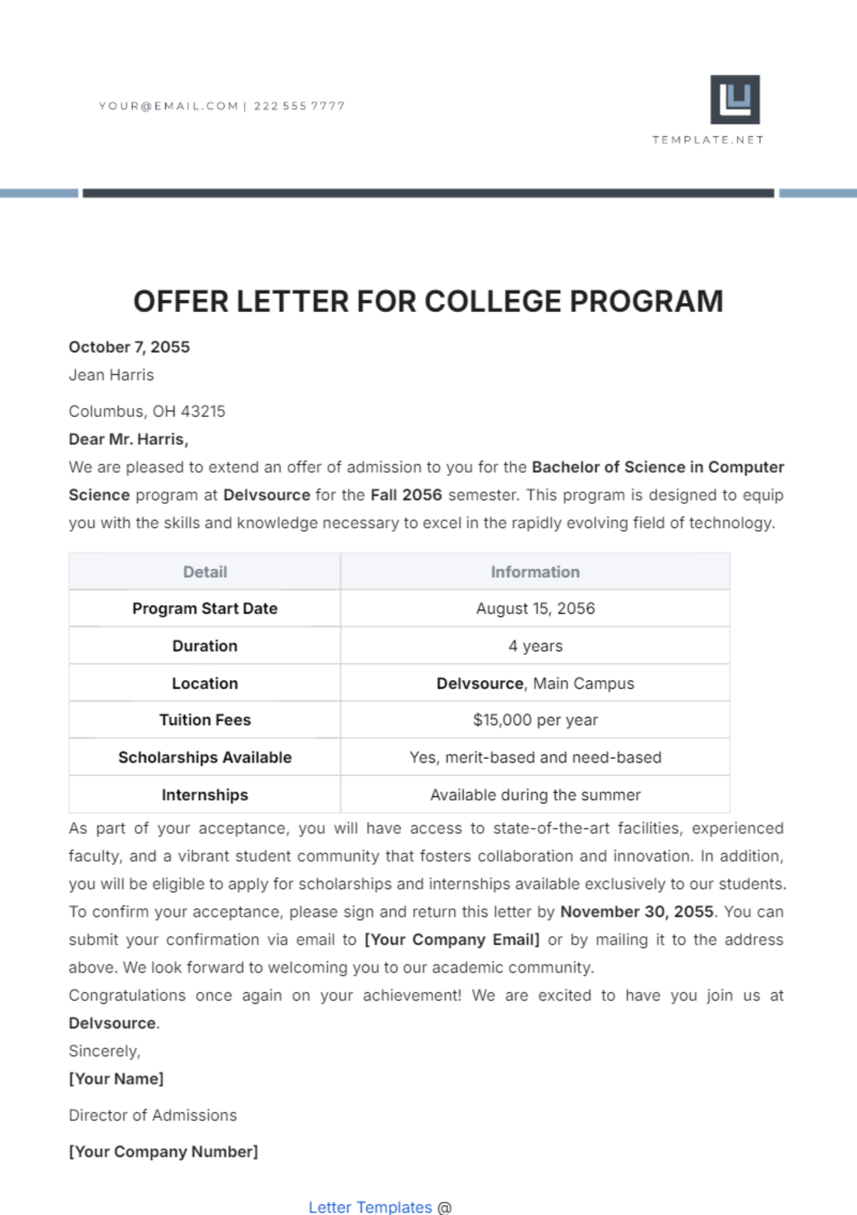 Offer Letter for College Program Template - Edit Online & Download