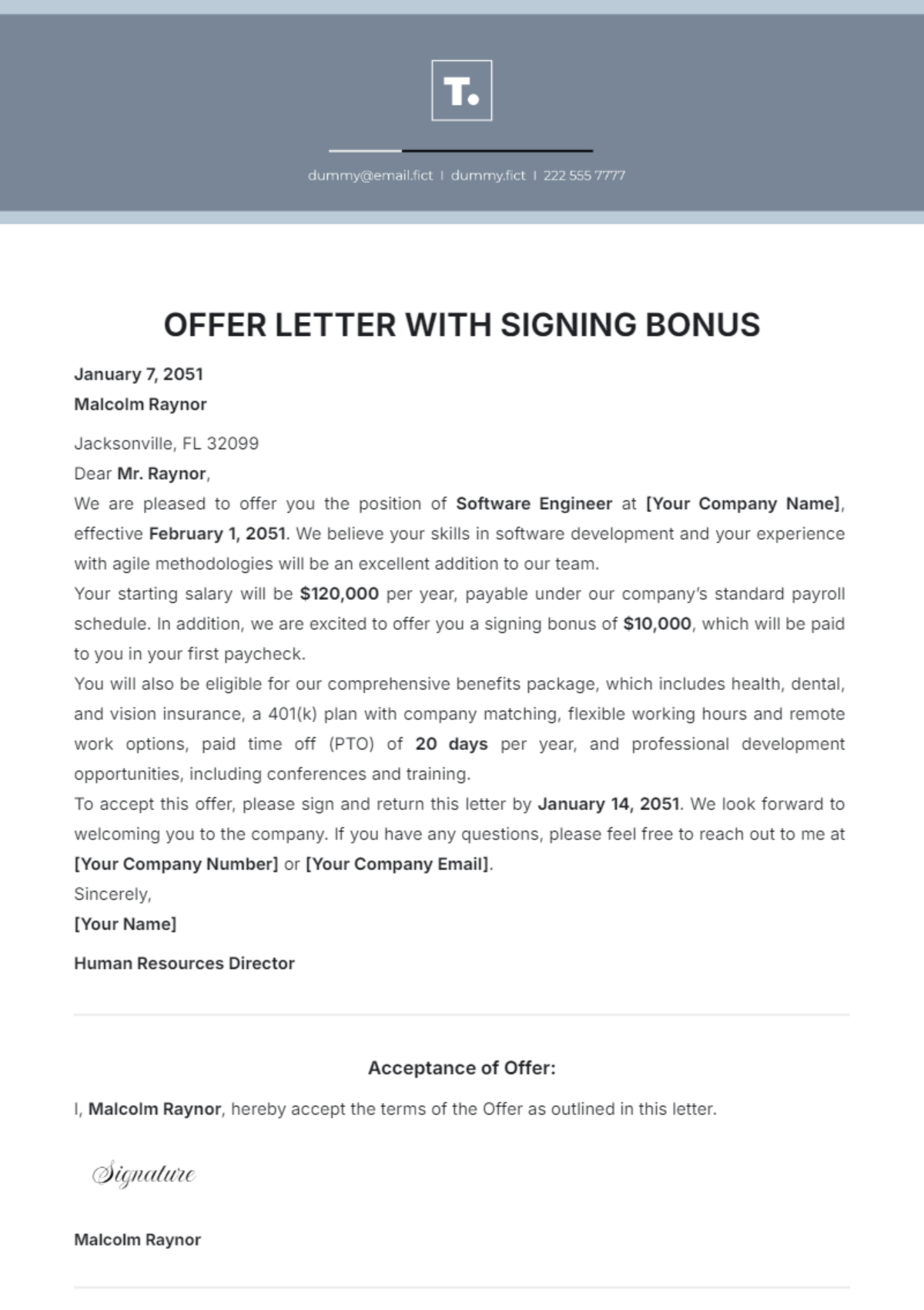 Offer Letter with Signing Bonus Template - Edit Online & Download