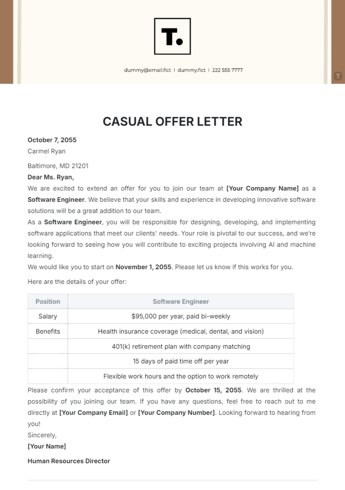 Casual Offer Letter Template - Edit Online & Download