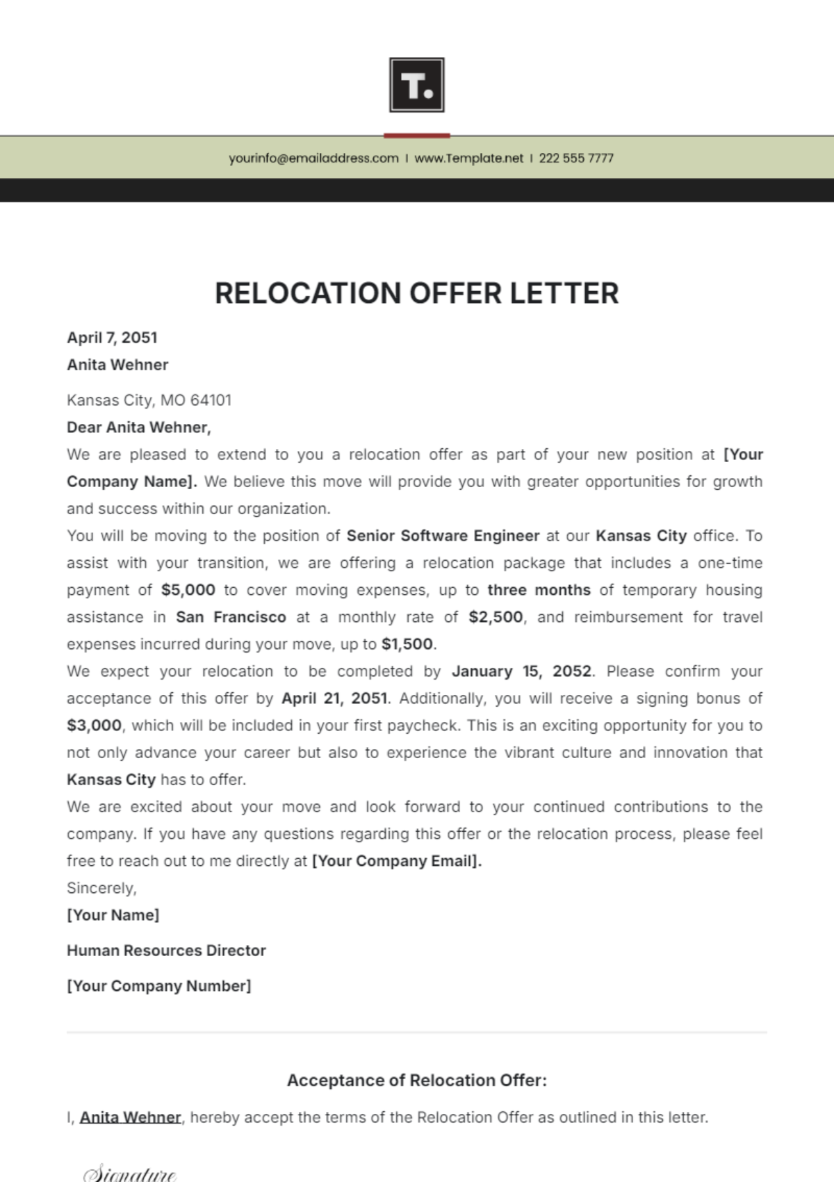 Relocation Offer Letter Template - Edit Online & Download