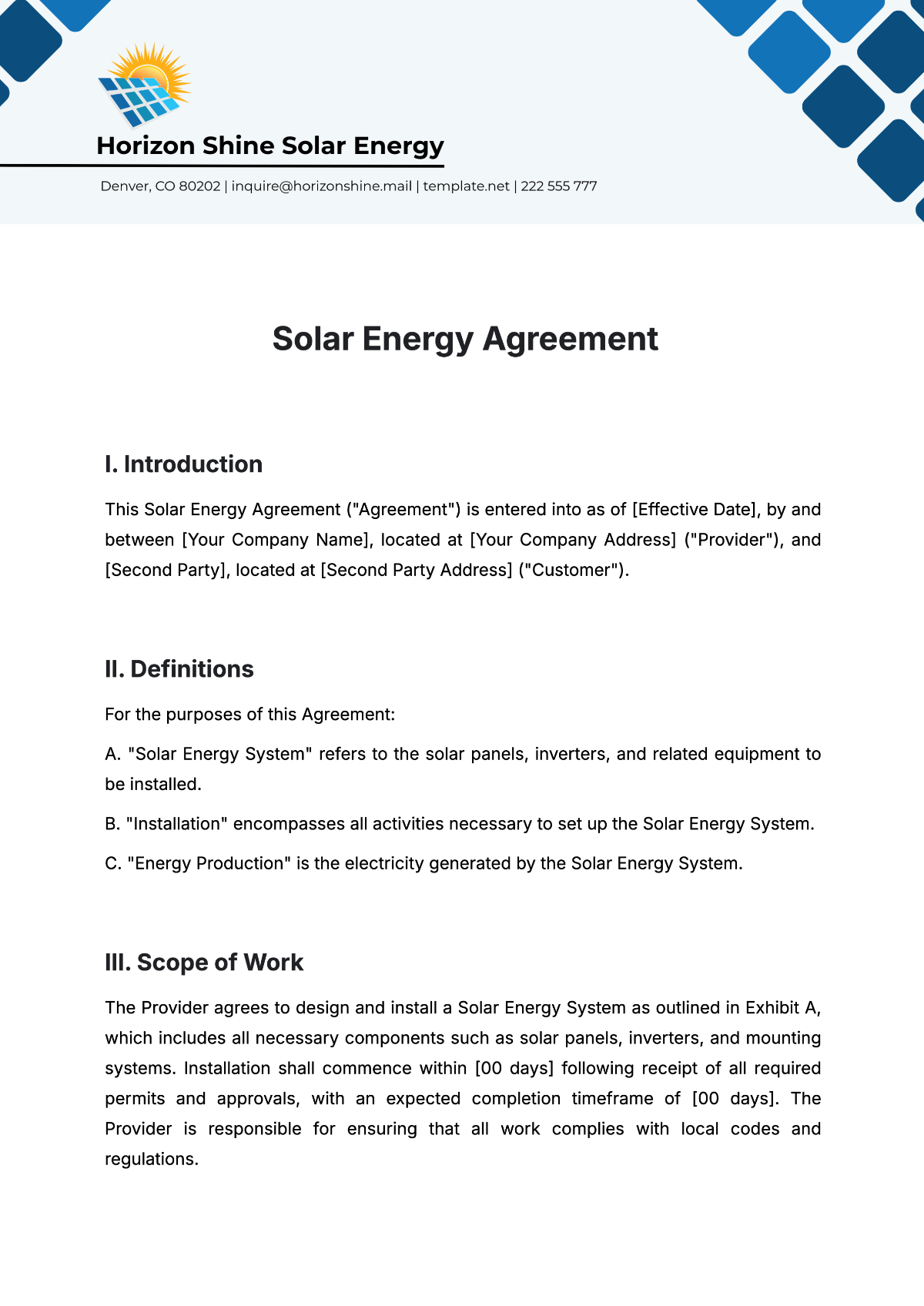 Solar Energy Agreement Template - Edit Online & Download