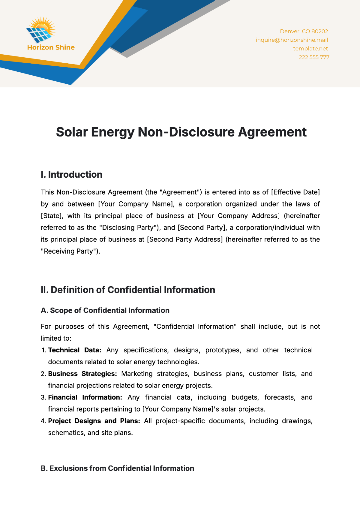 Solar Energy Non-Disclosure Agreement Template - Edit Online & Download