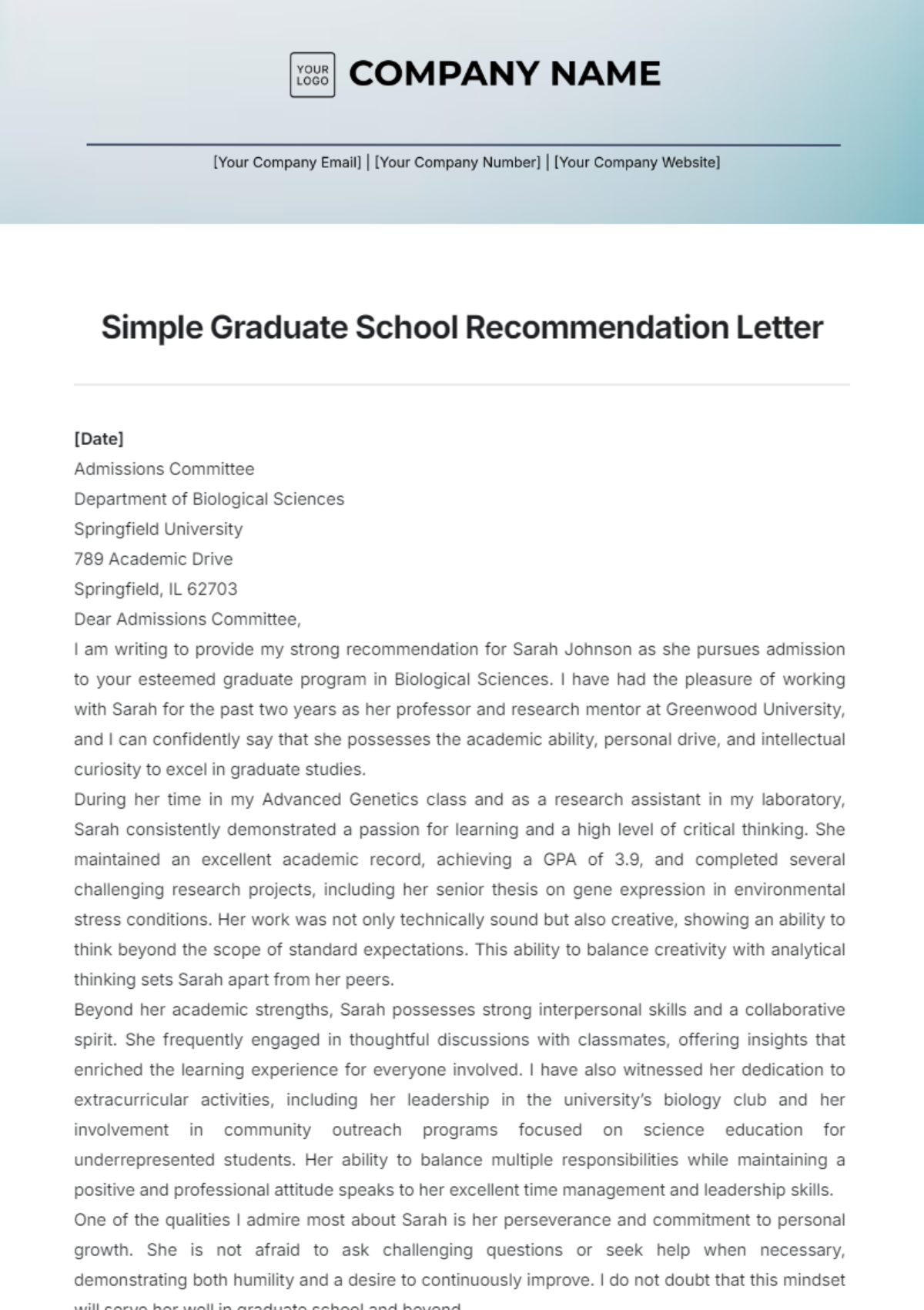 Simple Graduate School Recommendation Letter Template - Edit Online & Download