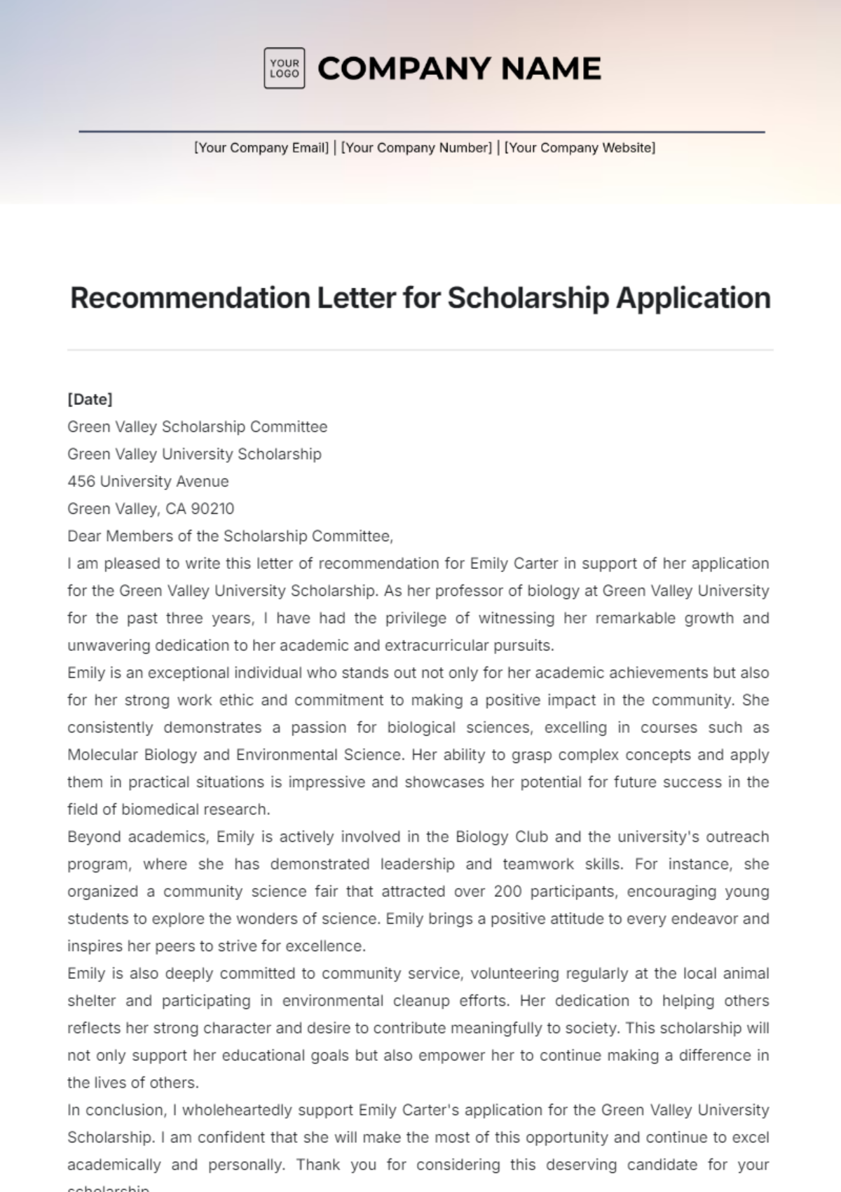 Recommendation Letter for Scholarship Application Template - Edit Online & Download