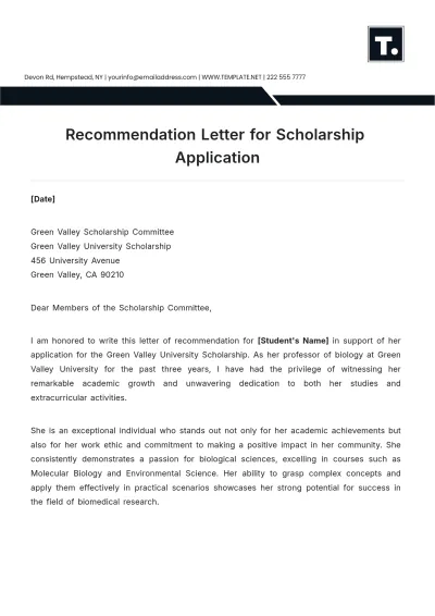 Free Recommendation Letter for Scholarship Application Template to Edit Online