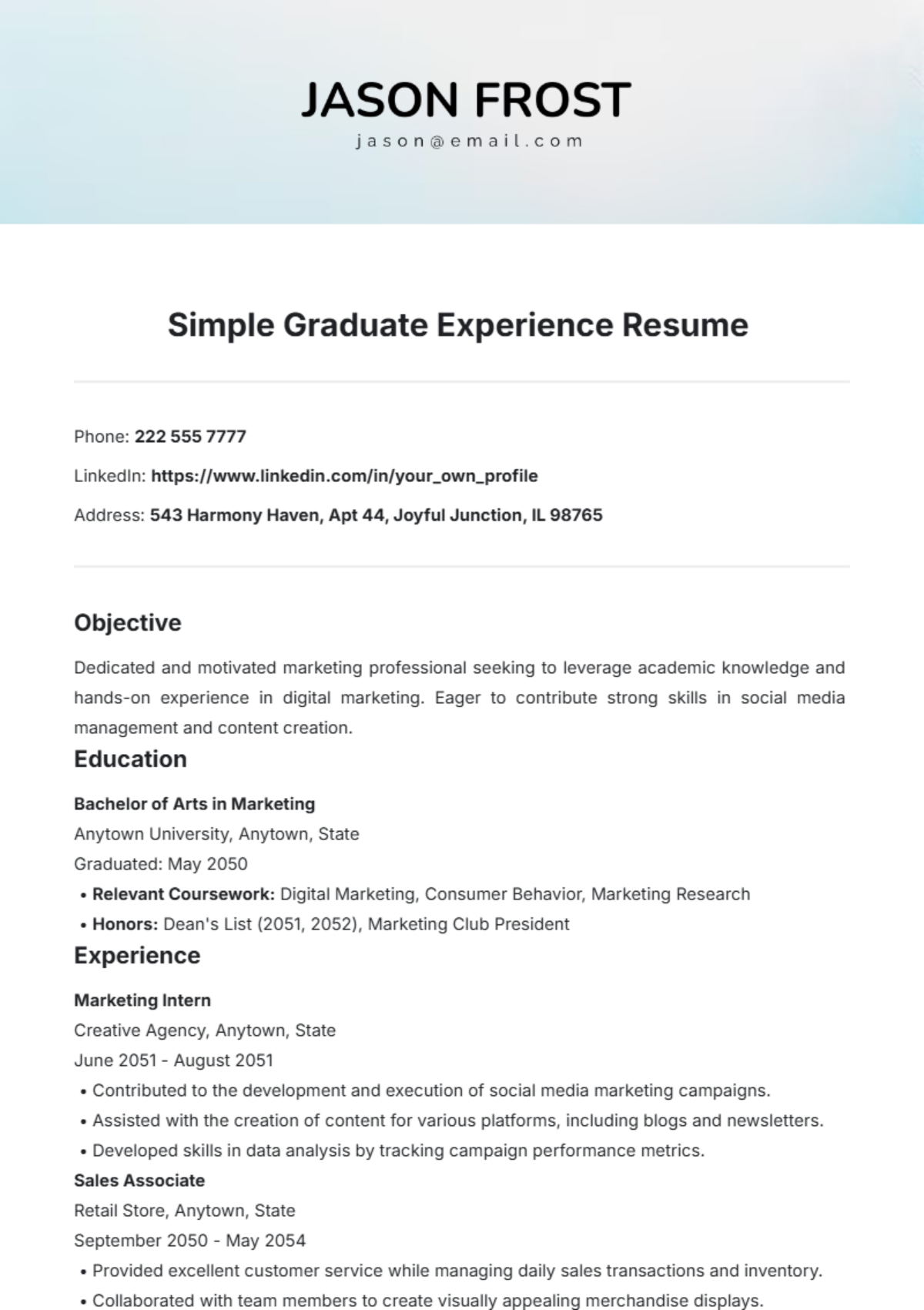 Simple Graduate Experience Resume Template - Edit Online & Download