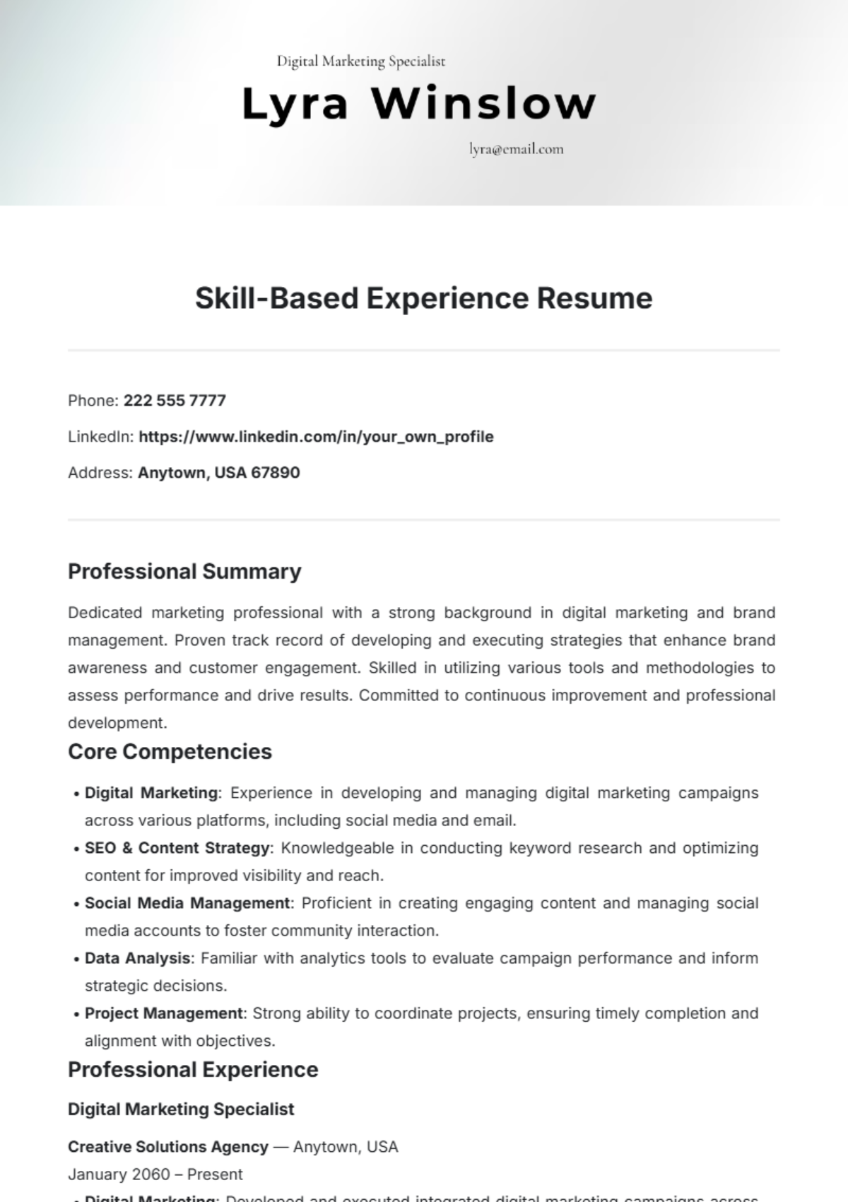 Skill-Based Experience Resume Template - Edit Online & Download