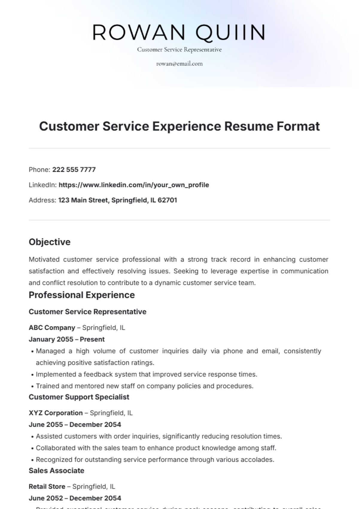 Customer Service Experience Resume Format Template - Edit Online & Download