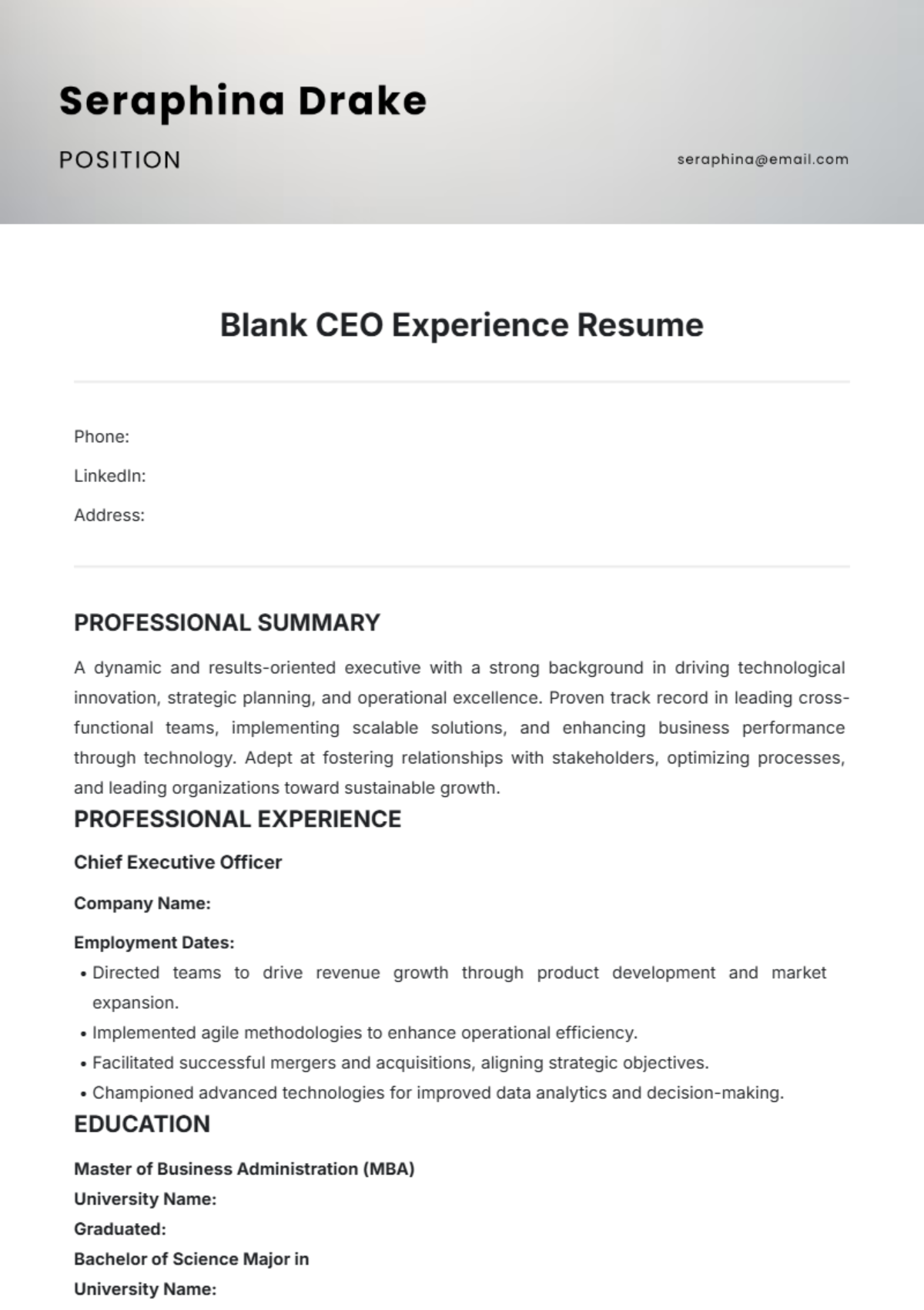 Blank CEO Experience Resume Template - Edit Online & Download