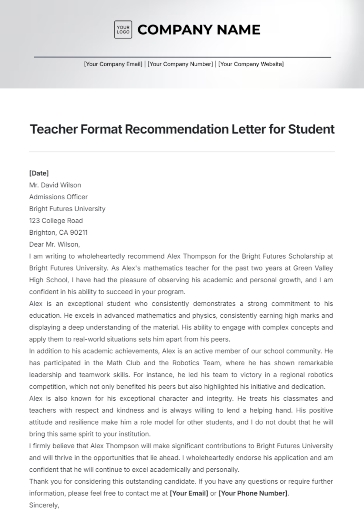 Teacher Format Recommendation Letter for Student Template - Edit Online & Download