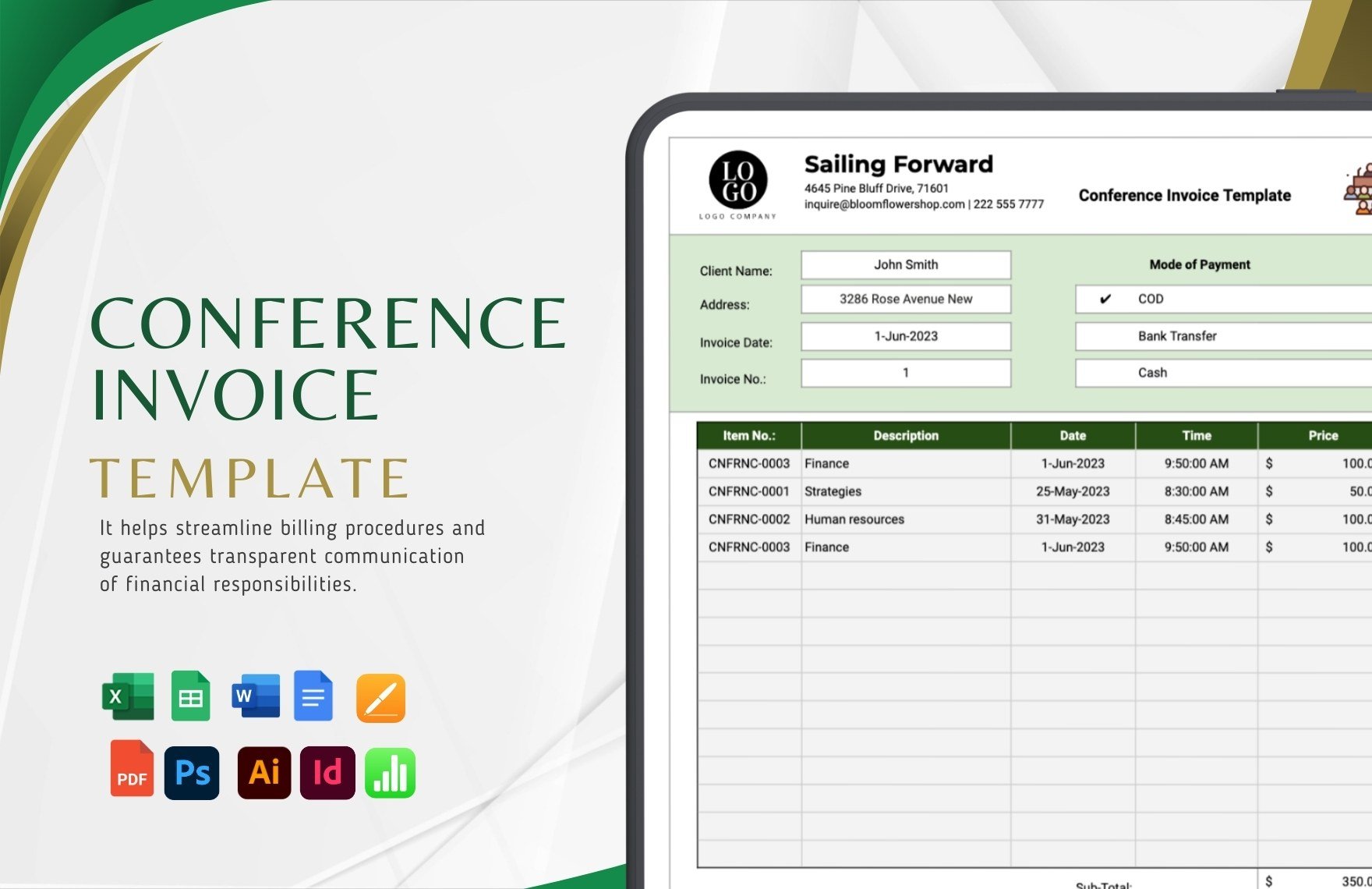 Conference Invoice Template in Word, Google Docs, Excel, PDF, Google Sheets, Illustrator, PSD, Apple Pages, InDesign, Apple Numbers