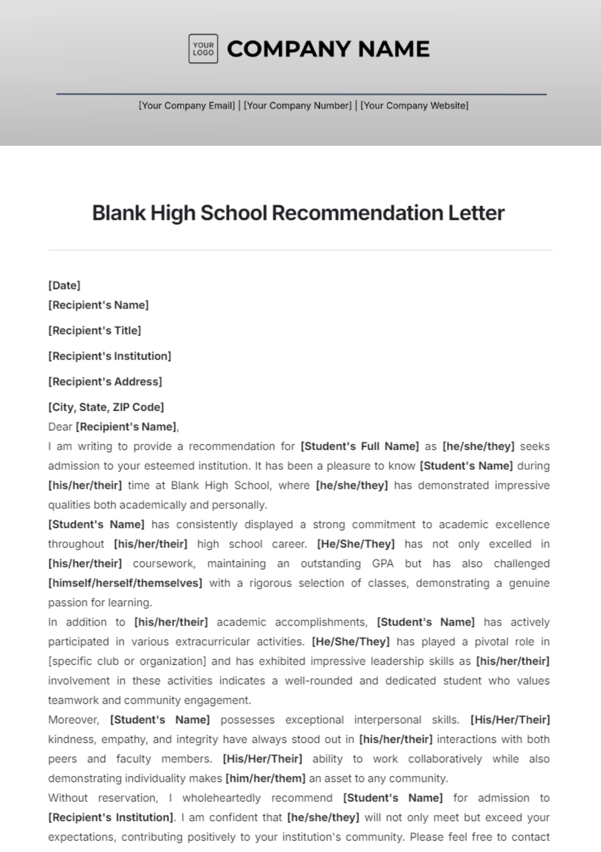 Blank High School Recommendation Letter Template - Edit Online & Download