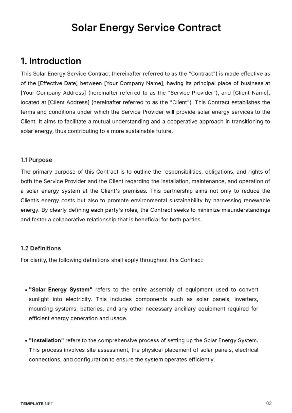 Free Solar Energy Service Contract Template to Edit Online