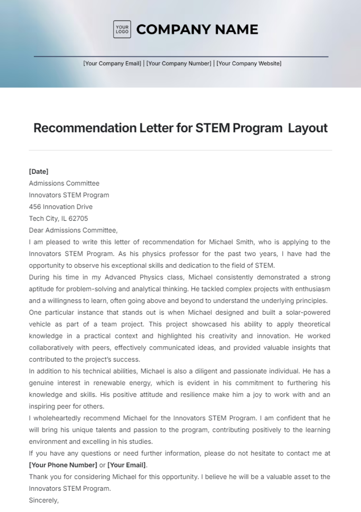 Recommendation Letter for STEM Program  Layout Template - Edit Online & Download