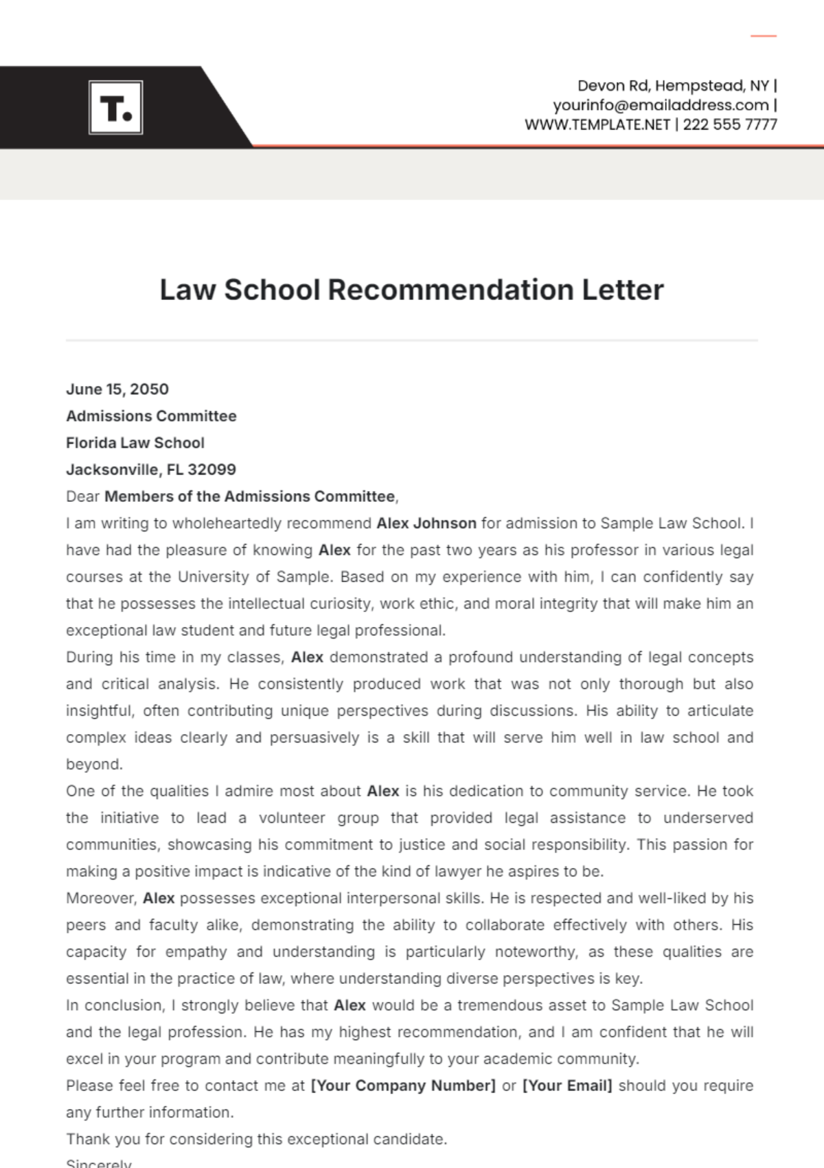 Law School Recommendation Letter Template - Edit Online & Download