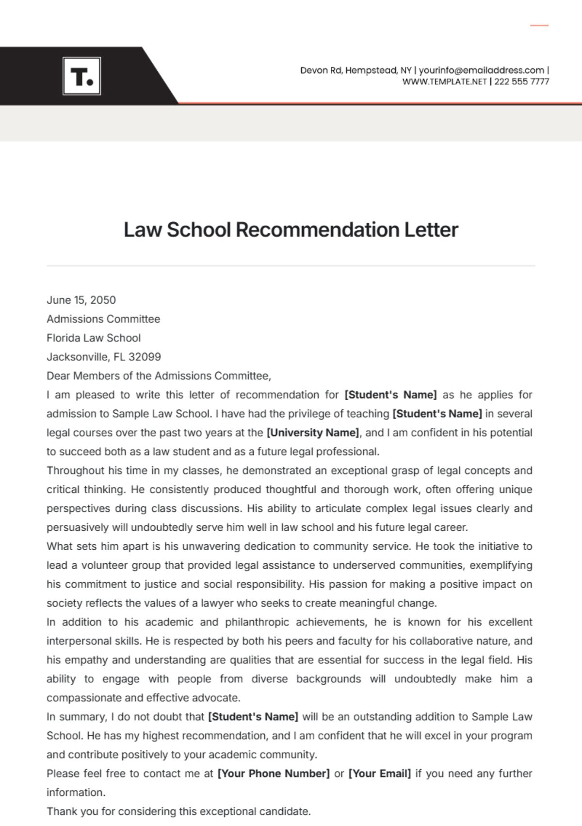 Printable Law School Recommendation Letter Template - Edit Online & Download