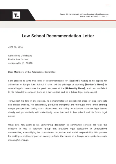 Free Printable Law School Recommendation Letter Template to Edit Online